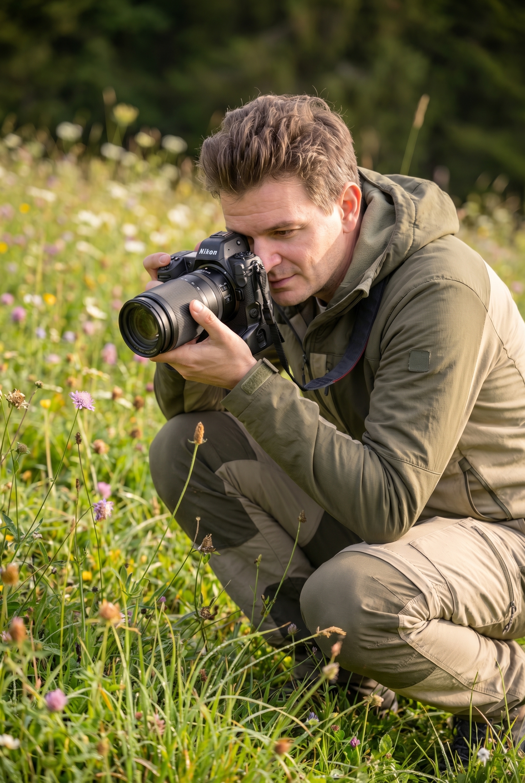 Photographe naturaliste pratiquant la proxiphotographie avec un zoom 70-300mm sur une fleur dans une prairie au lever du soleil.