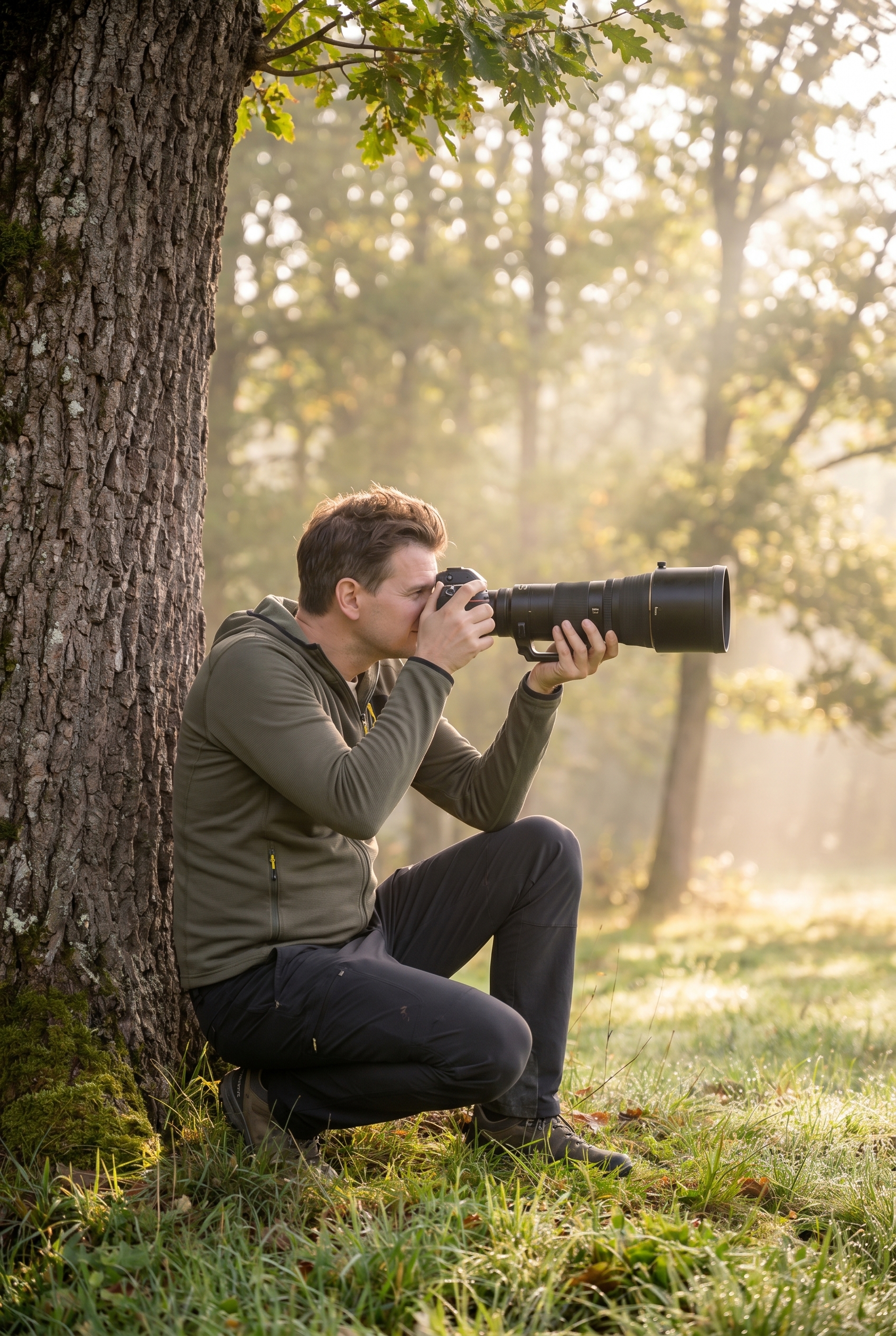 Flou de bougé : 5 astuces pour l'éviter 20 Photographe animalier stabilisant son boîtier contre un chêne pour éviter le flou de bougé avec un téléobjectif de 500mm en forêt.
