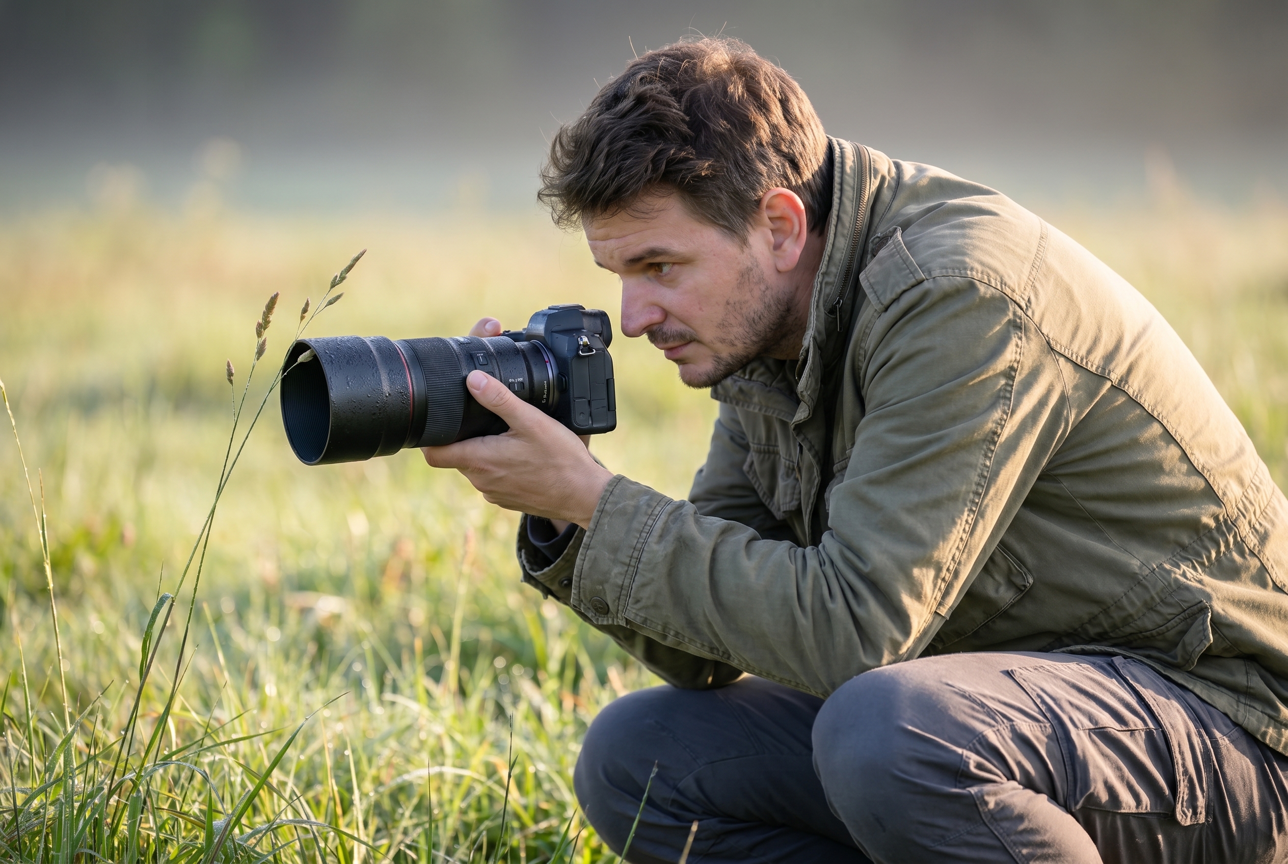 Photographe naturaliste avec objectif macro accroupi dans une prairie au lever du soleil pour photographier les insectes avec netteté.