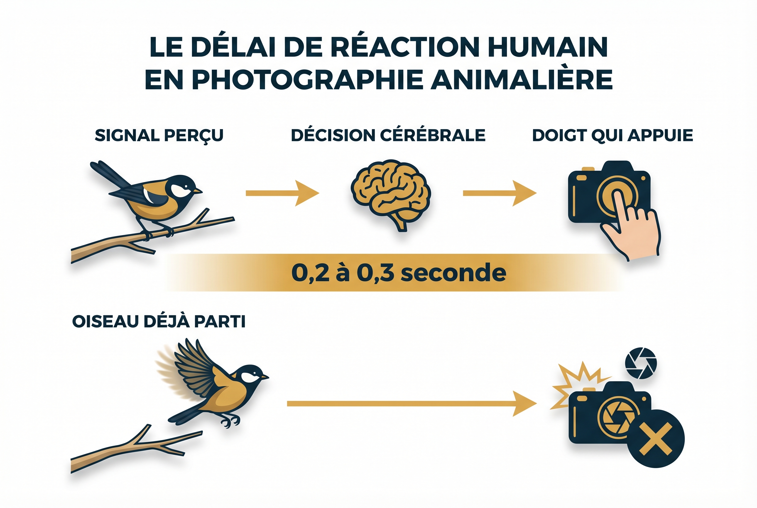 Comment photographier des oiseaux : le guide complet 31 Infographie pédagogique expliquant le délai de réaction humaine de 0,2 à 0,3 seconde lors de l'action de photographier des oiseaux en plein envol.
