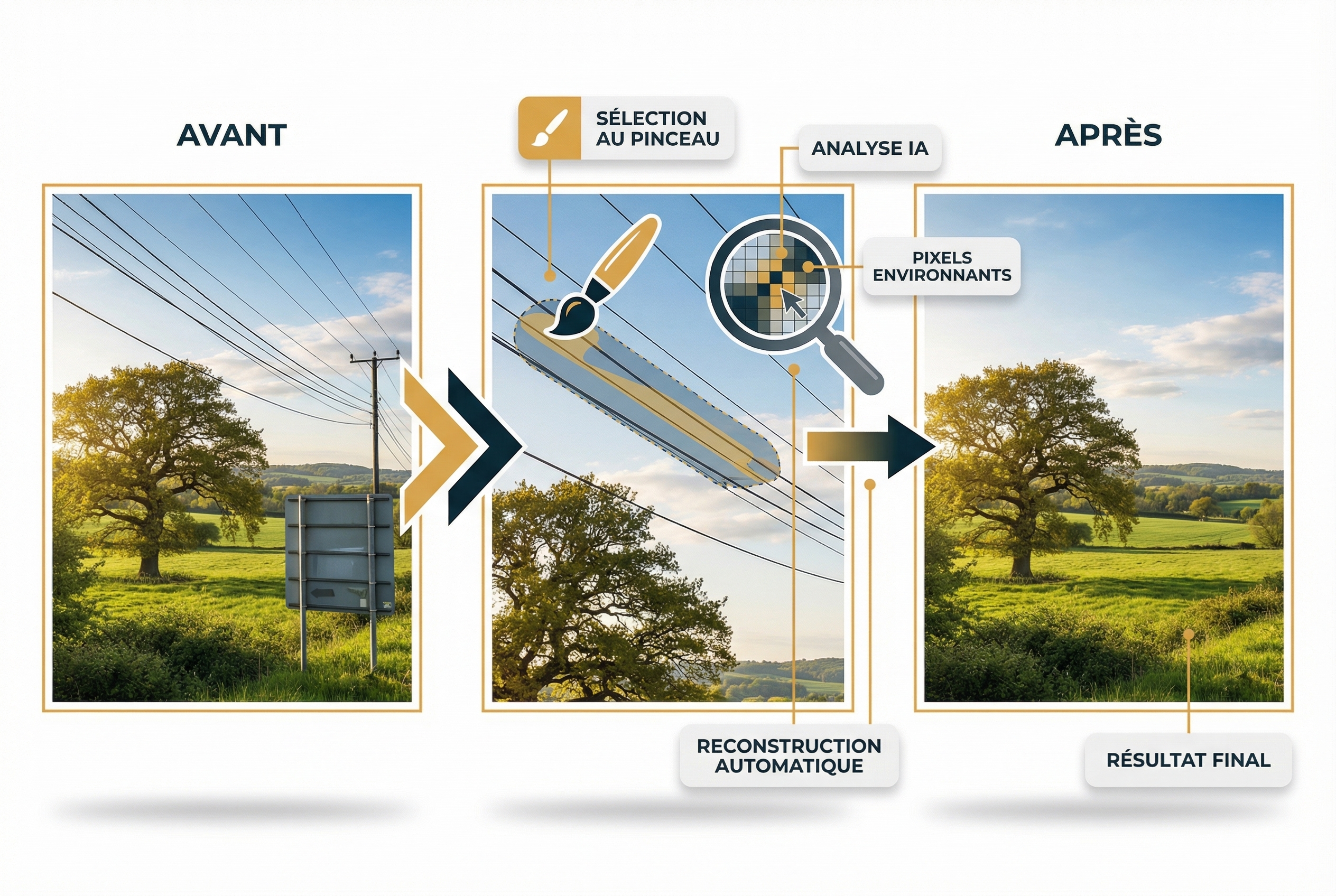 Comparaison avant-après montrant le retrait d'éléments indésirables comme des câbles électriques sur un paysage de campagne