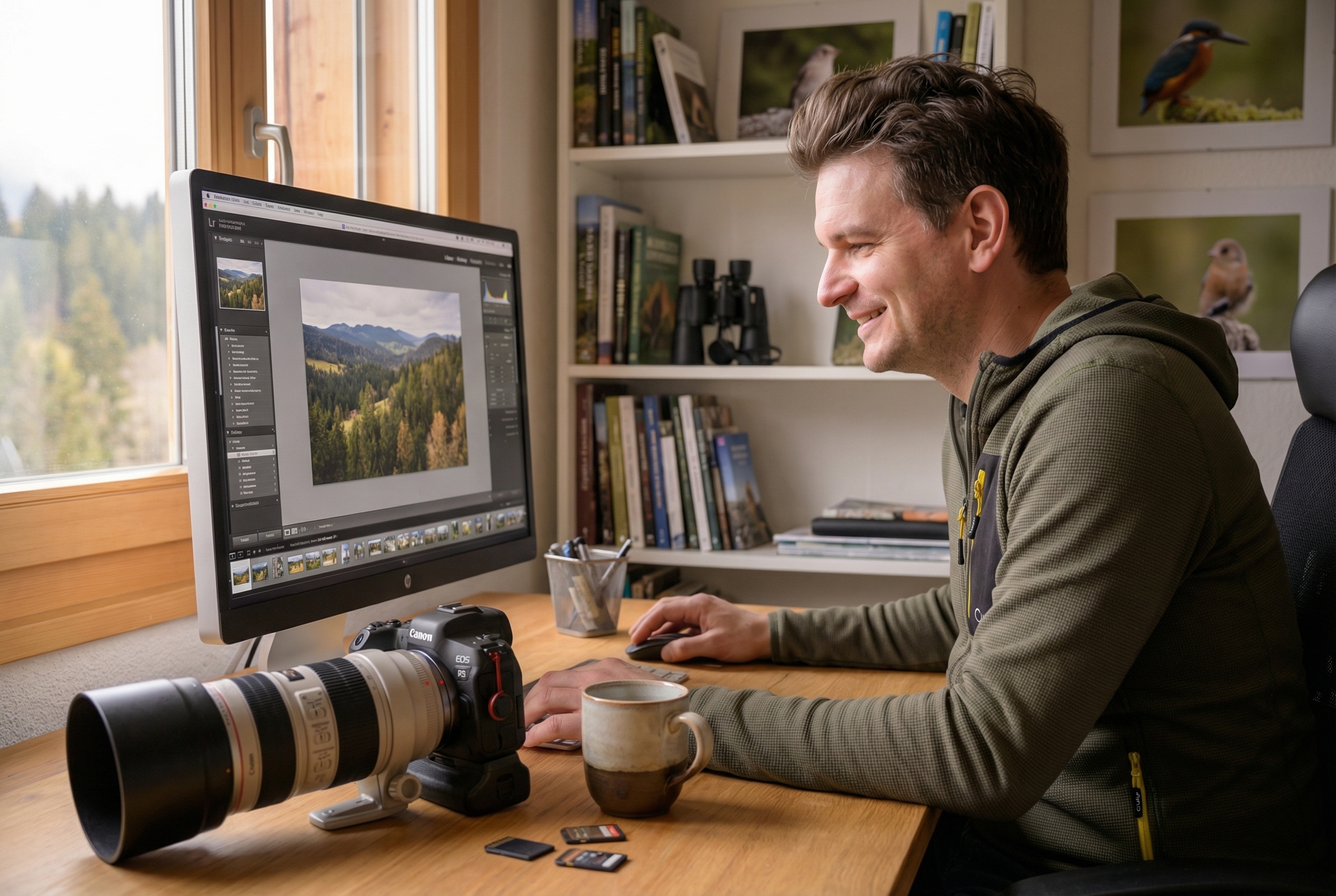 Photographe à son bureau retouchant une photo de paysage forestier sur le logiciel Luminar Neo