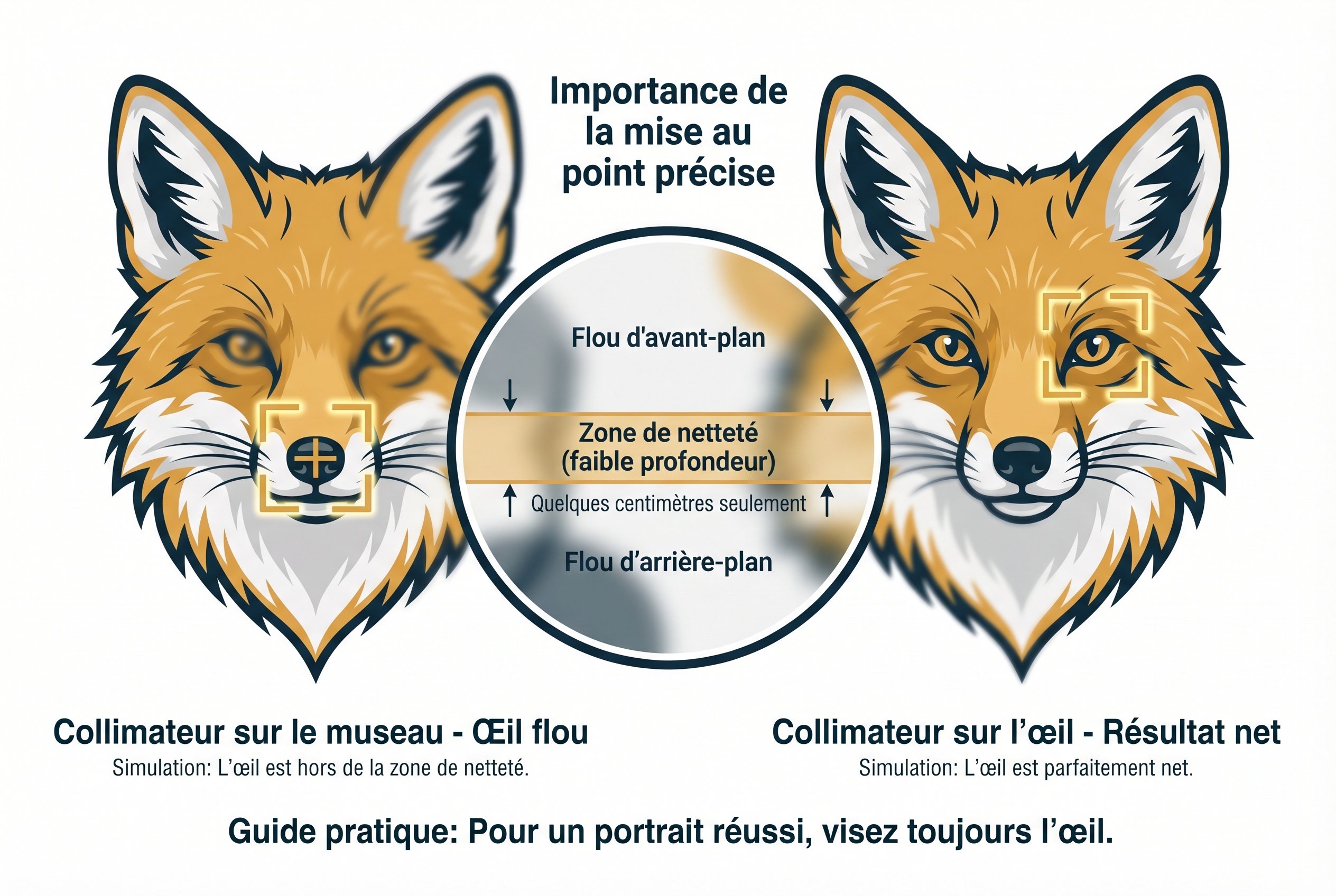 Schéma pédagogique expliquant comment photographier le renard : comparaison entre une mise au point sur l'œil (net) et sur le museau (flou).