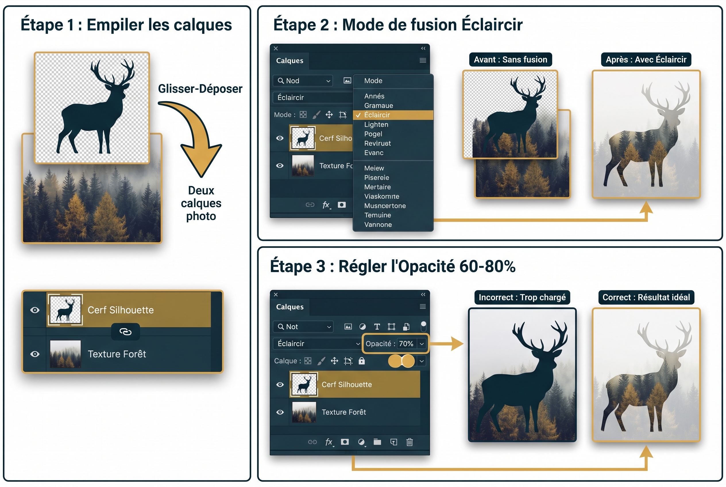 Infographie pédagogique expliquant les 3 étapes pour réussir une double exposition sur Photoshop : empilage des calques, mode de fusion Éclaircir et réglage de l'opacité.