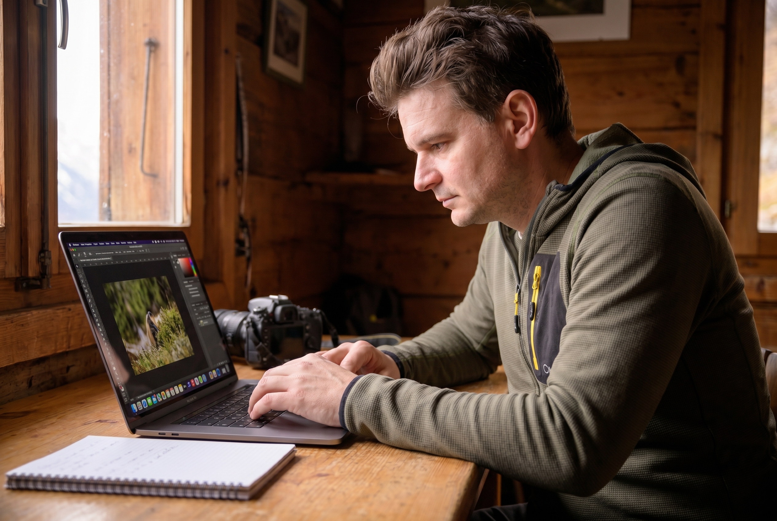 Photographe de nature assis dans un chalet en bois utilisant une alternative à Photoshop pour éditer ses clichés de faune sauvage.