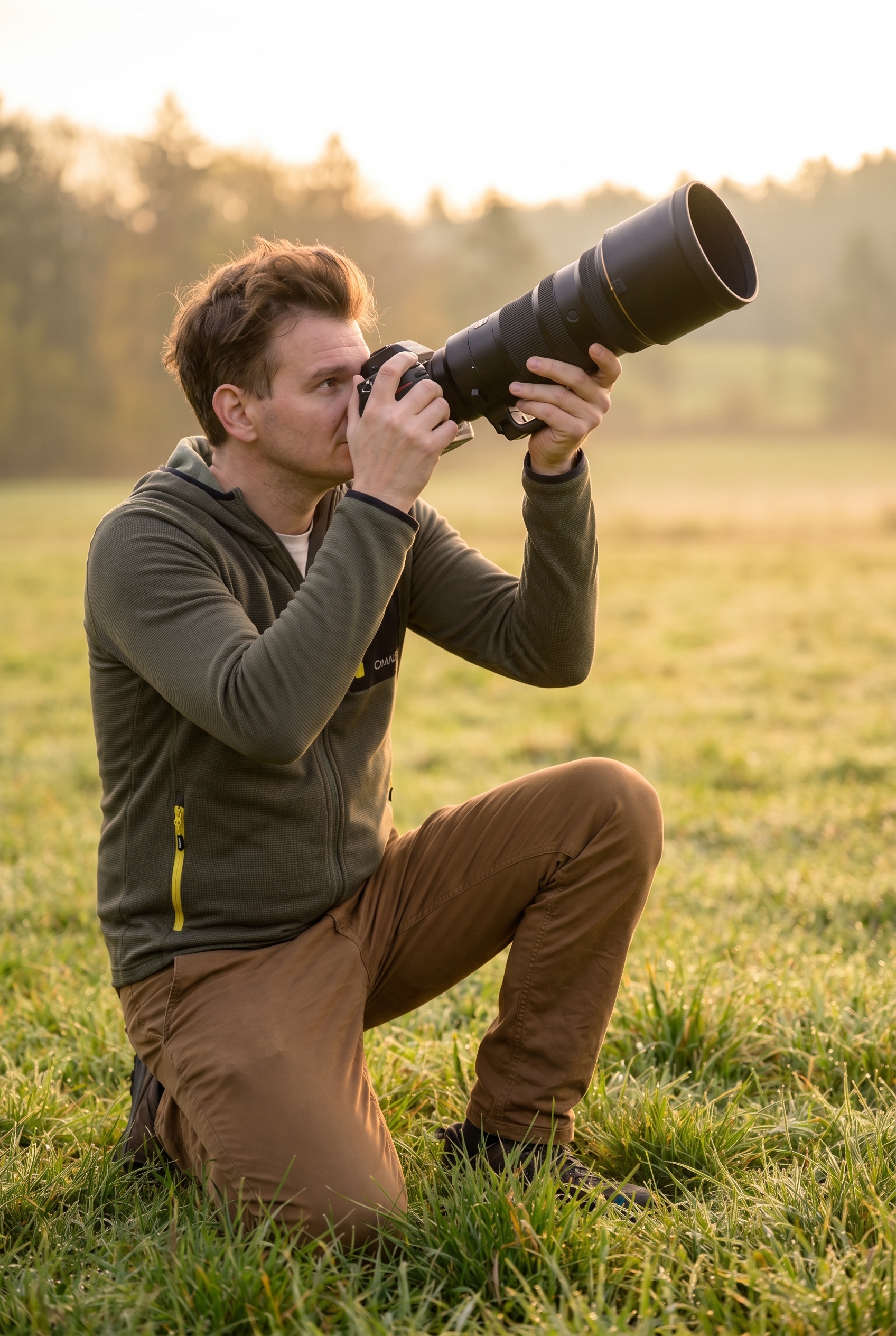 Quel est le meilleur site d'occasion photo ? Le guide pour acheter sans risque 20 Photographe naturaliste inspectant méticuleusement la lentille d'un téléobjectif d'occasion en extérieur pour vérifier son état.