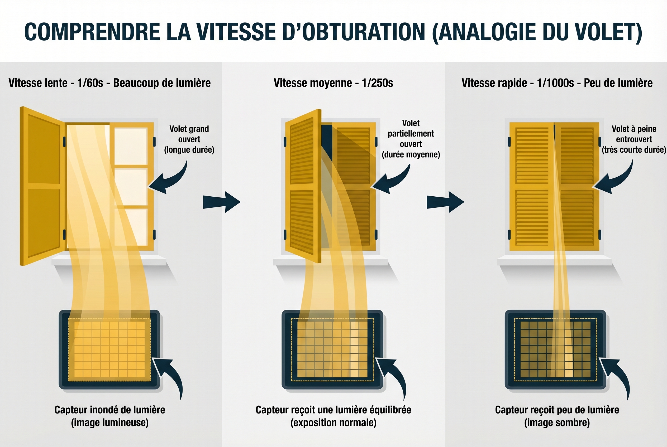Schéma pédagogique expliquant la vitesse d'obturation via l'analogie d'un volet : comparaison entre vitesse lente (1/60s) et vitesse rapide (1/1000s) et leur impact sur la lumière.