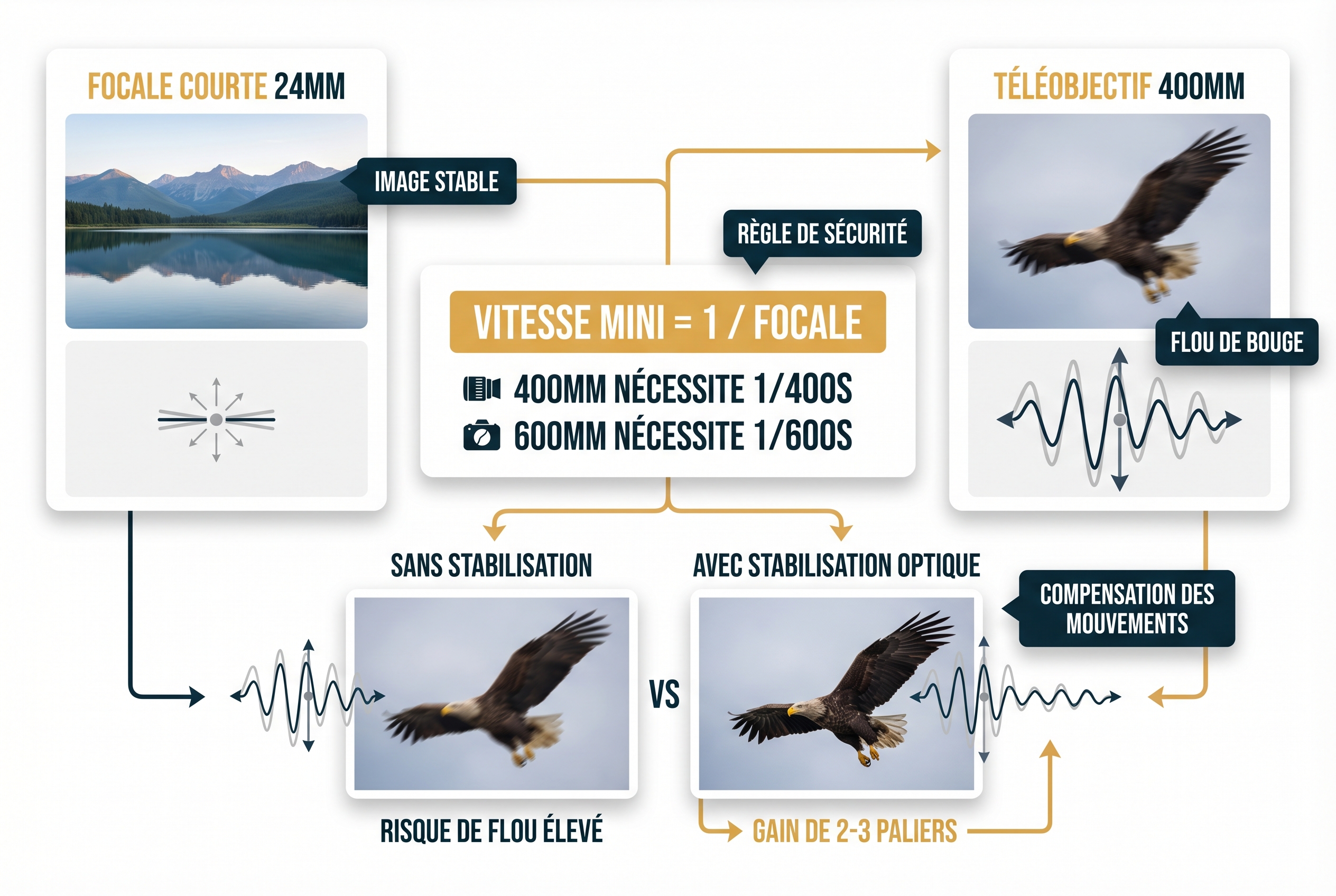 Schéma pédagogique expliquant la règle de la vitesse d'obturation (1/focale) pour éviter le flou de bougé en photographie de nature avec un téléobjectif.