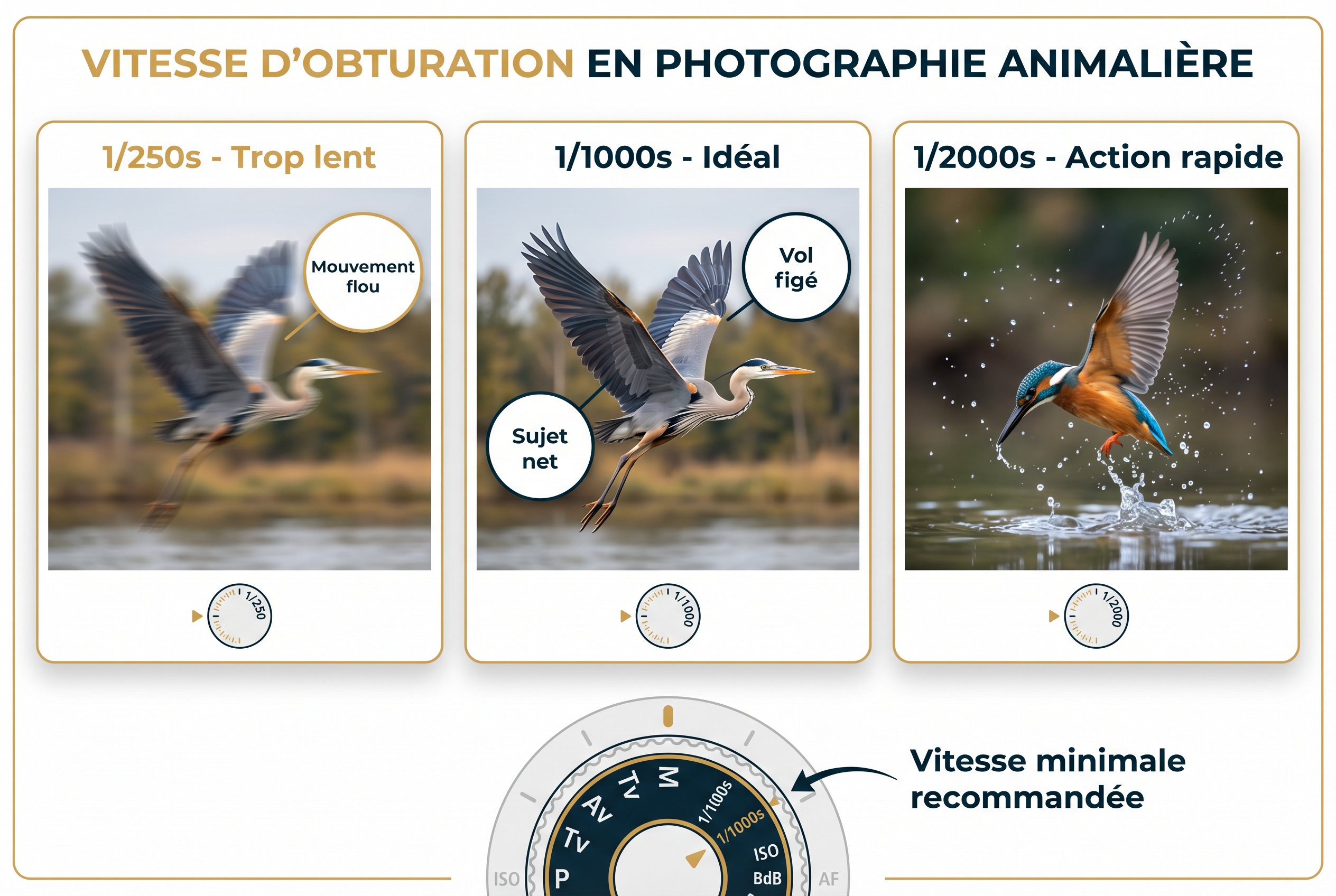 Infographie pédagogique comparant trois réglages de vitesse d'obturation (1/250s, 1/1000s, 1/2000s) pour réussir la netteté d'un oiseau en vol en photo animalière.