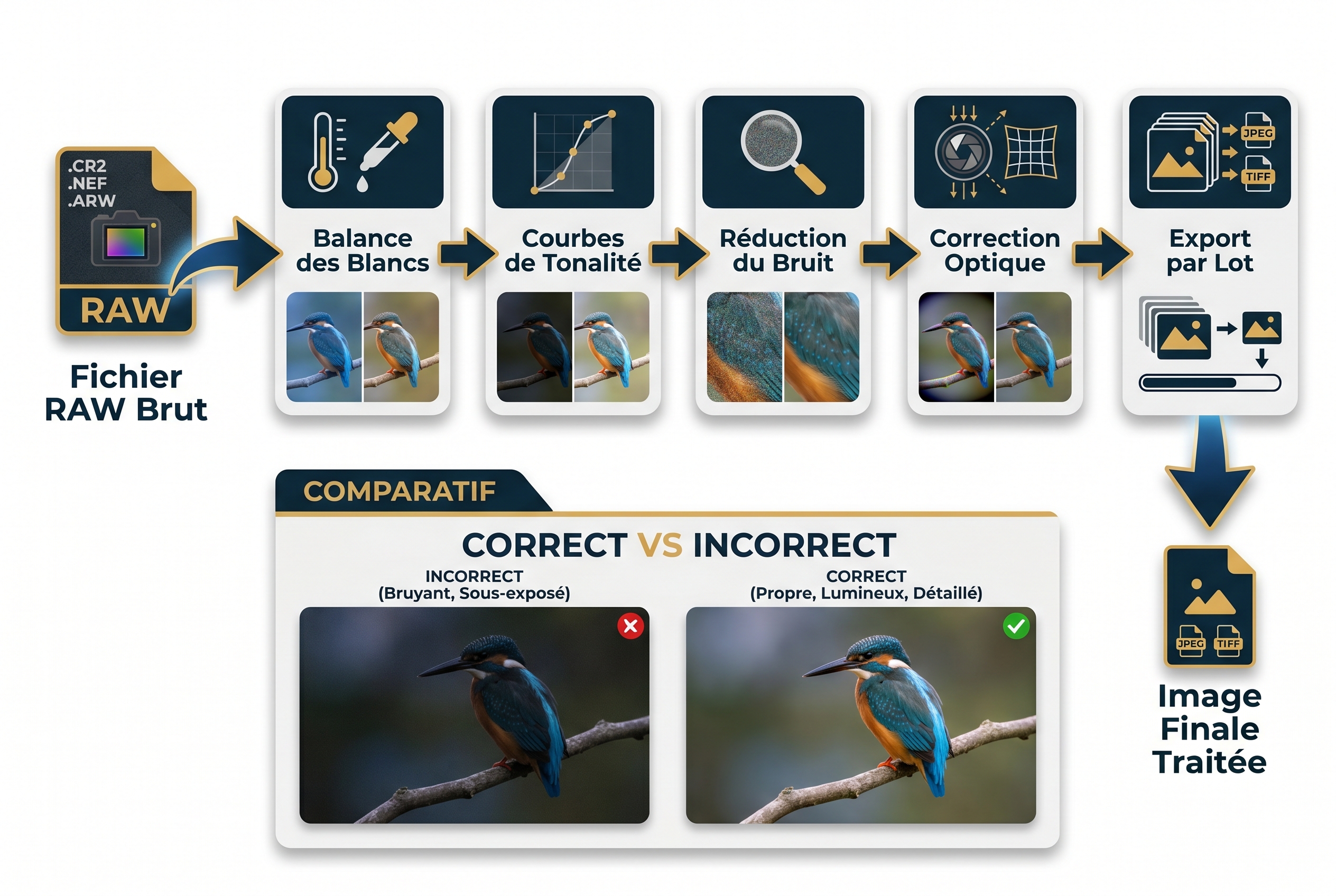 Schéma pédagogique du logiciel RawTherapee, une alternative à Photoshop pour le développement RAW de photos de nature.