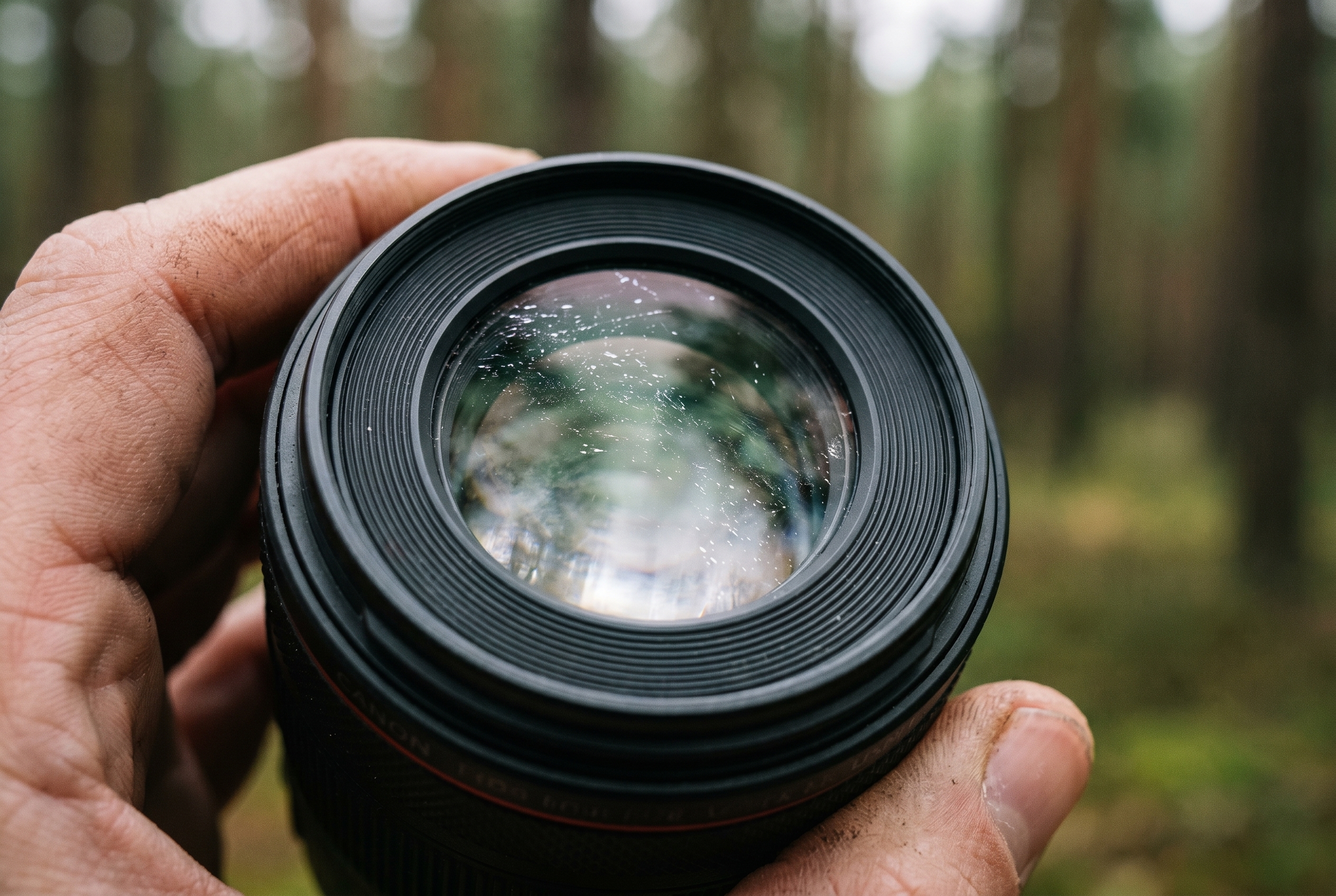 Gros plan macro d'un objectif photo présentant des micro-rayures sur la lentille pour illustrer un avis Back Market sur la qualité du matériel.