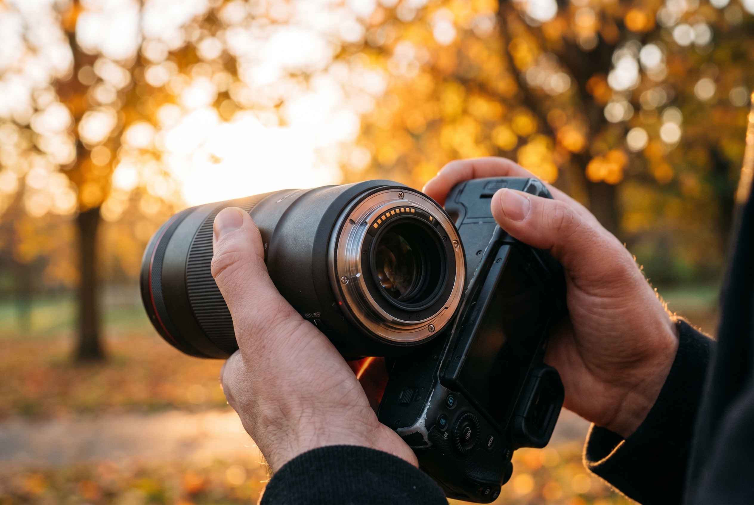 Mains d'un photographe tenant un boîtier hybride et un téléobjectif reconditionnés pour illustrer un avis sur Back Market.