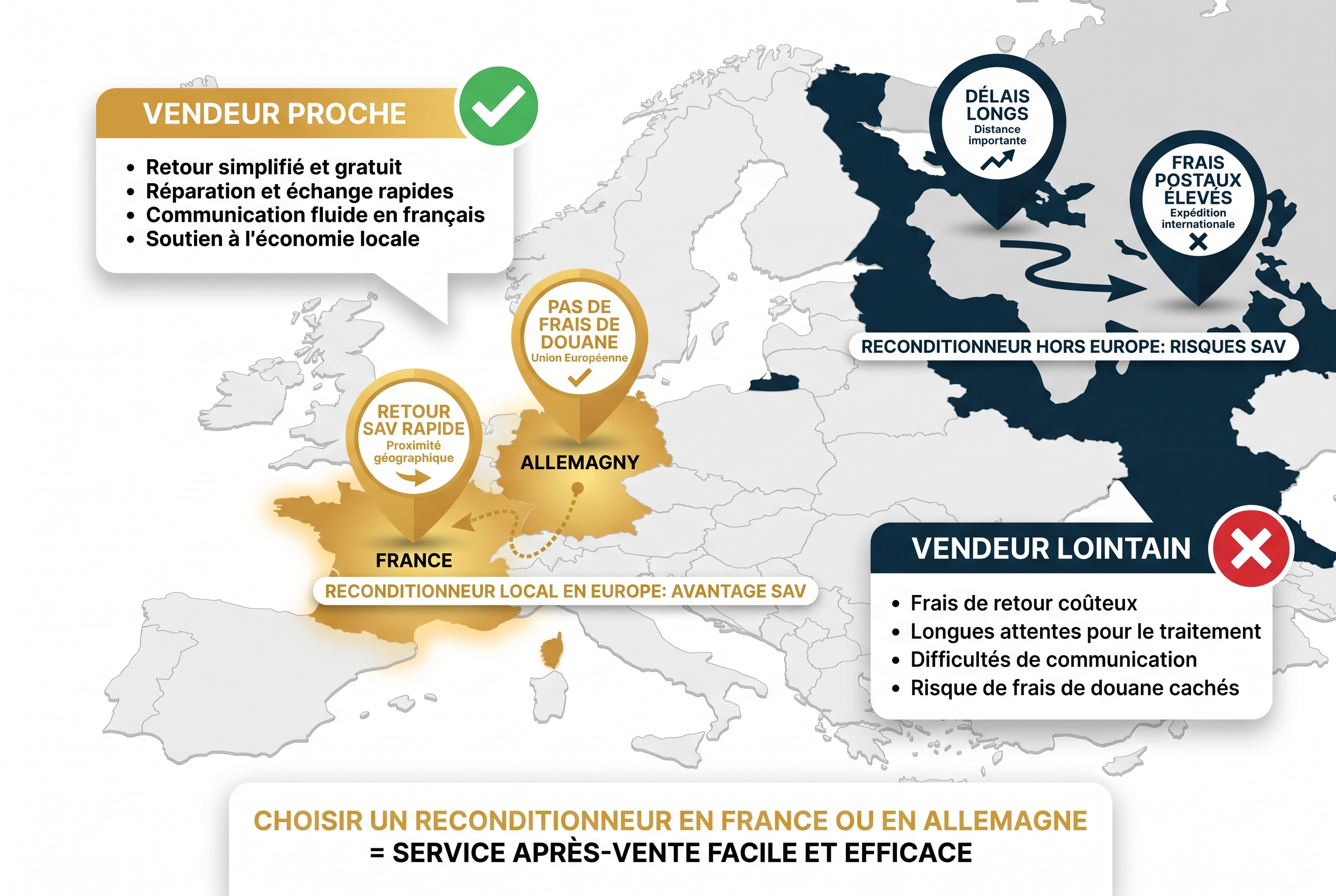 Infographie comparative Back Market : avantages d'un vendeur en France ou Allemagne (SAV rapide, pas de douane) vs vendeur lointain pour l'achat de matériel photo.