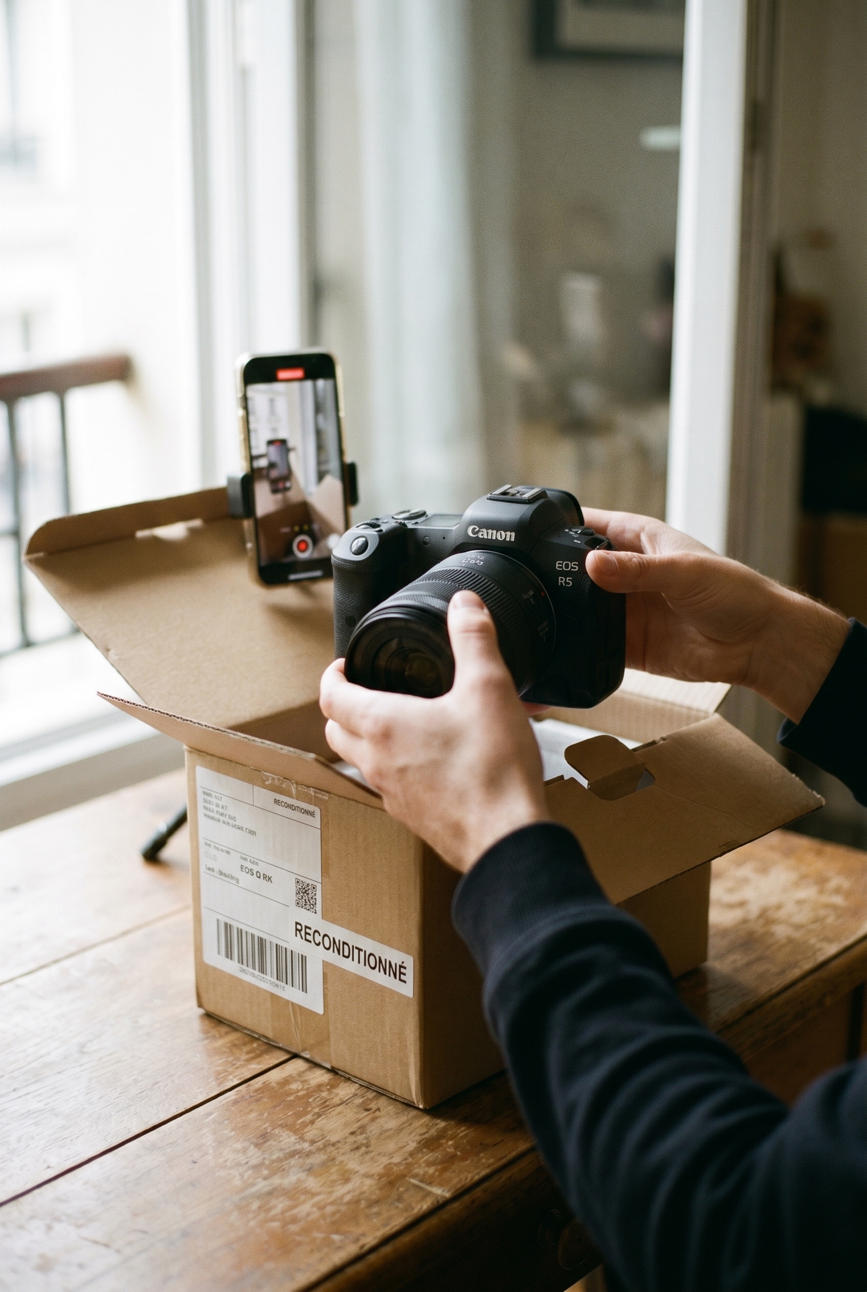 Photographe déballant un boîtier hybride reconditionné pour tester la fiabilité et donner un avis sur Back Market.