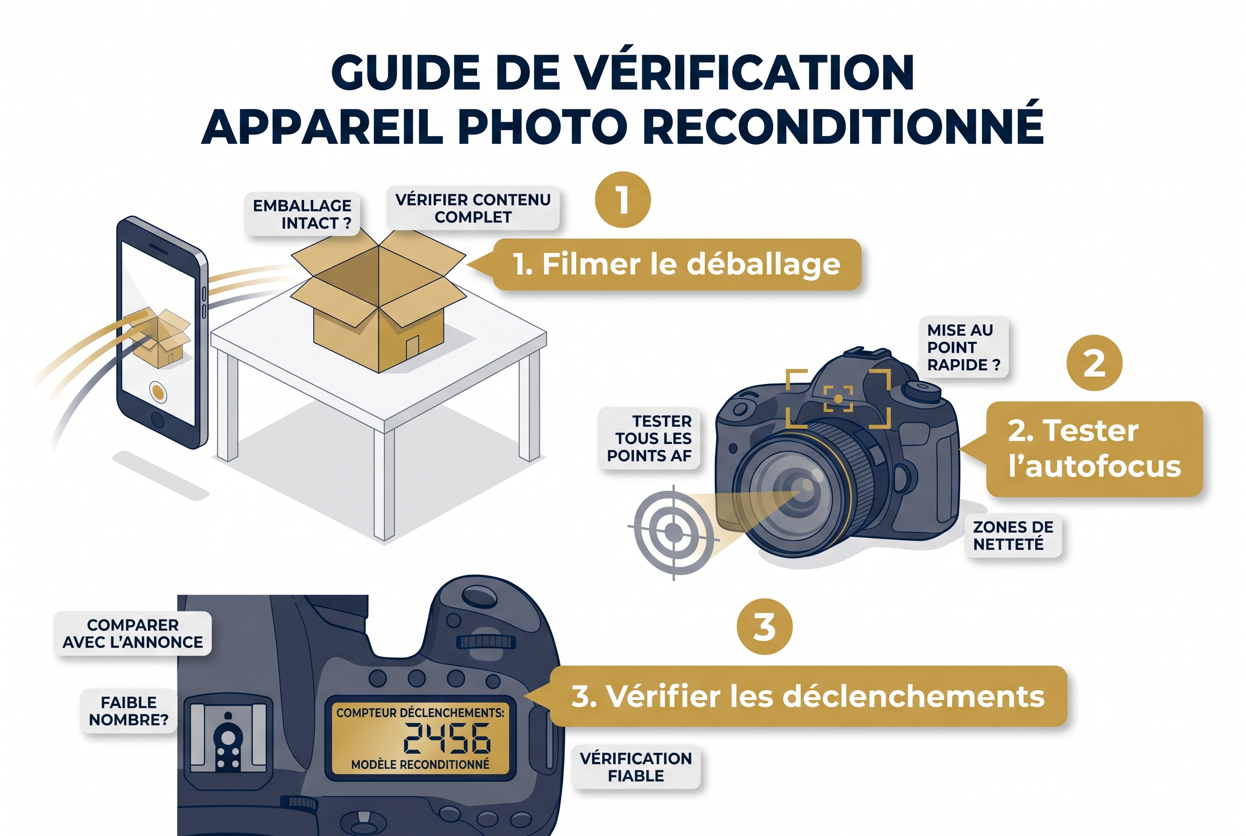 Infographie pédagogique présentant les 3 étapes pour vérifier un appareil photo reconditionné : filmer le déballage, tester l'autofocus et contrôler le nombre de déclenchements pour confirmer un avis Back Market positif.