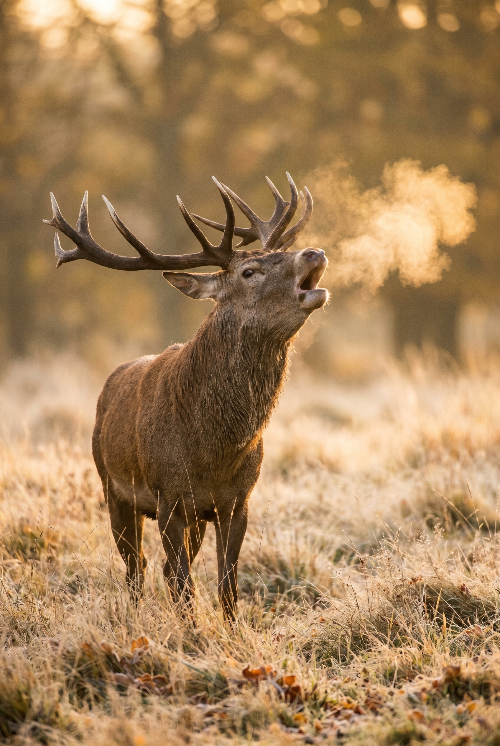Photographie d'un cerf élaphe bramant à l'aube dans une prairie givrée, un sujet emblématique du festival de Montier-en-Der.