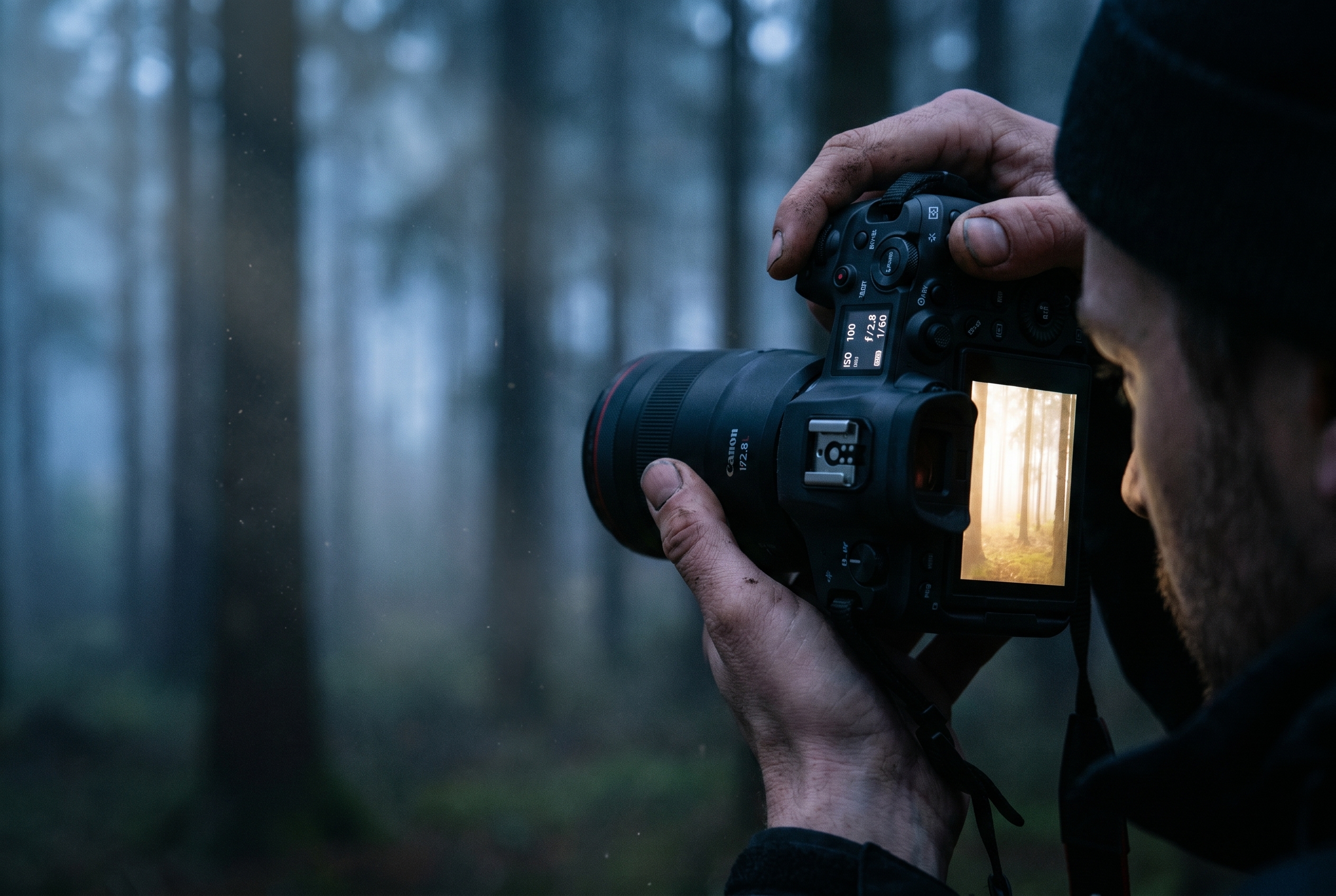 Meilleur appareil photo hybride : quel modèle choisir ? 14 Photographe tenant en main le meilleur appareil photo hybride pour la nature dans une forêt brumeuse à l'aube.
