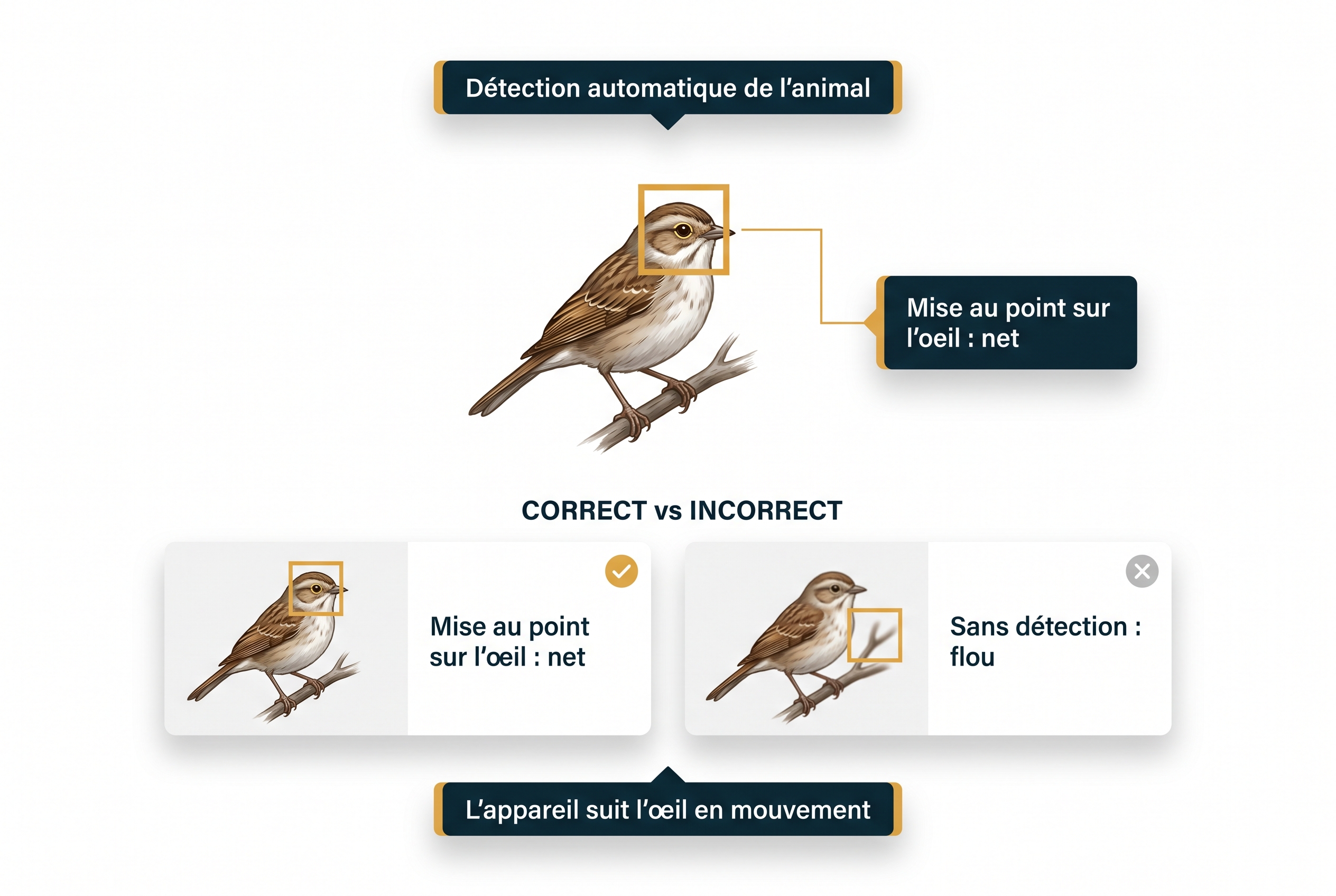 Meilleur appareil photo hybride : quel modèle choisir ? 15 Schéma pédagogique comparant la mise au point automatique sur l'œil d'un oiseau (nette) vs la mise au point sur une branche (floue) avec un appareil photo hybride.