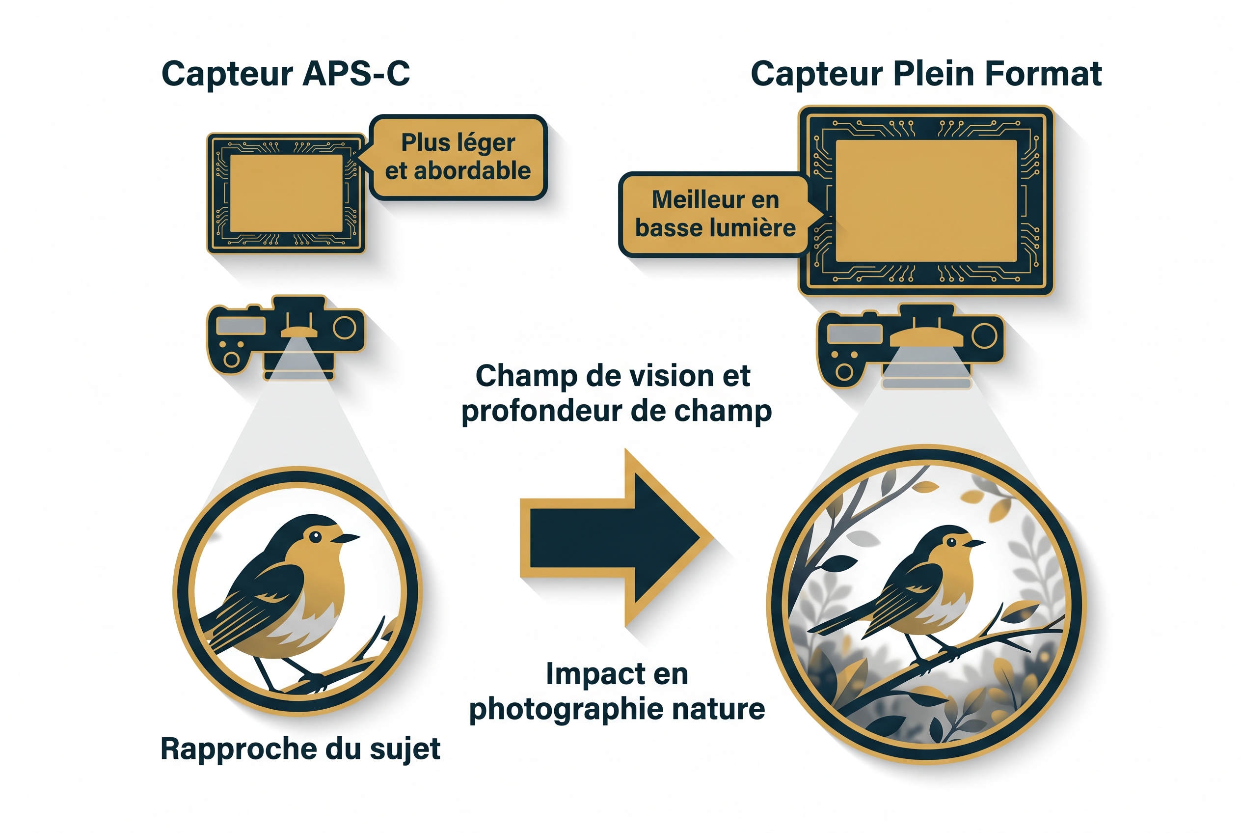 Meilleur appareil photo hybride : quel modèle choisir ? 19 Illustration pédagogique comparant les tailles de capteurs APS-C et Plein Format pour aider à choisir le meilleur appareil photo hybride en photographie de nature.