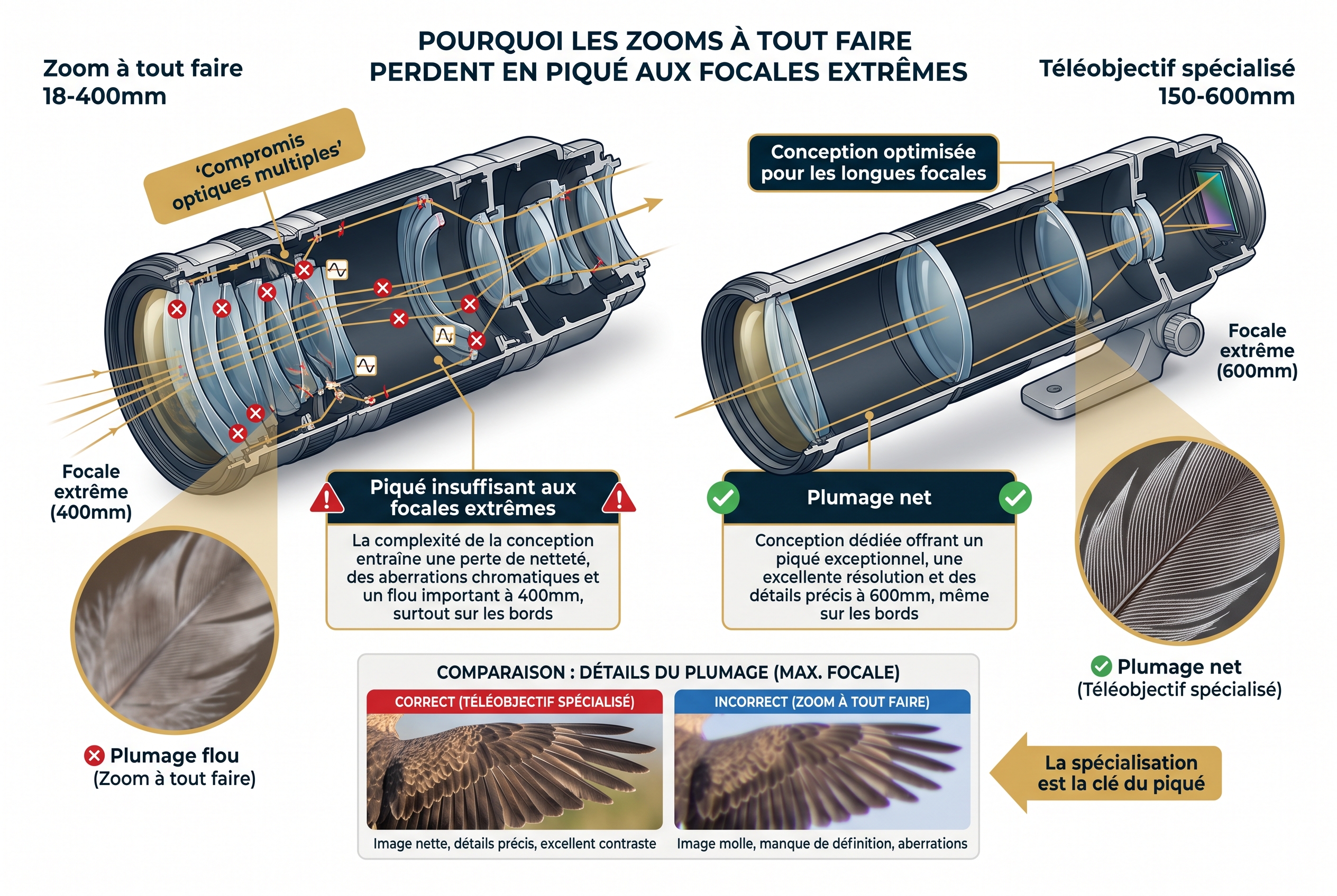 Focale fixe ou zoom : que choisir pour la photo ? 21 Schéma technique comparant la netteté d'un zoom 18-400mm et d'un téléobjectif 150-600mm sur les détails d'une plume d'oiseau.