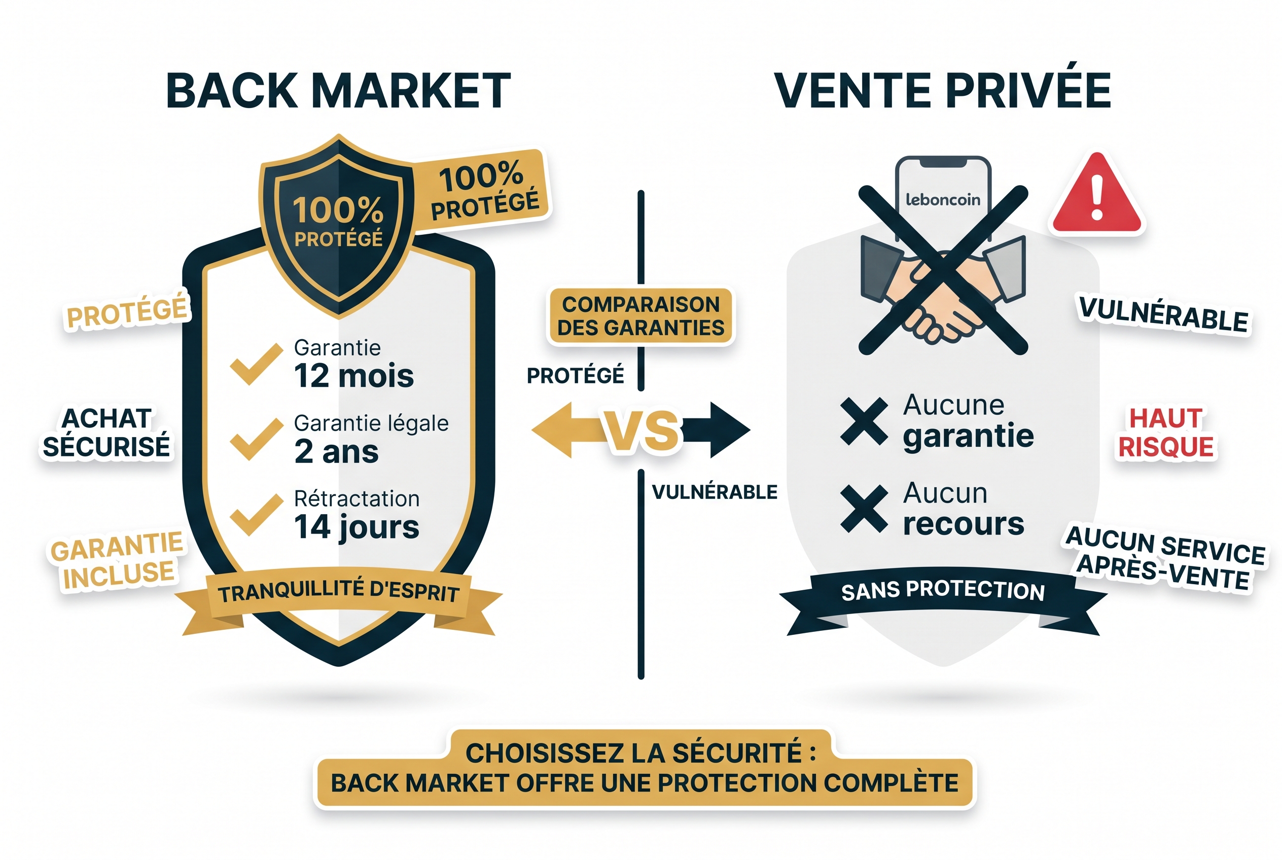 Infographie comparative des garanties pour l'achat de matériel photo : avantages de Back Market (SAV, rétractation) vs risques d'une vente entre particuliers. Avis et sécurité.