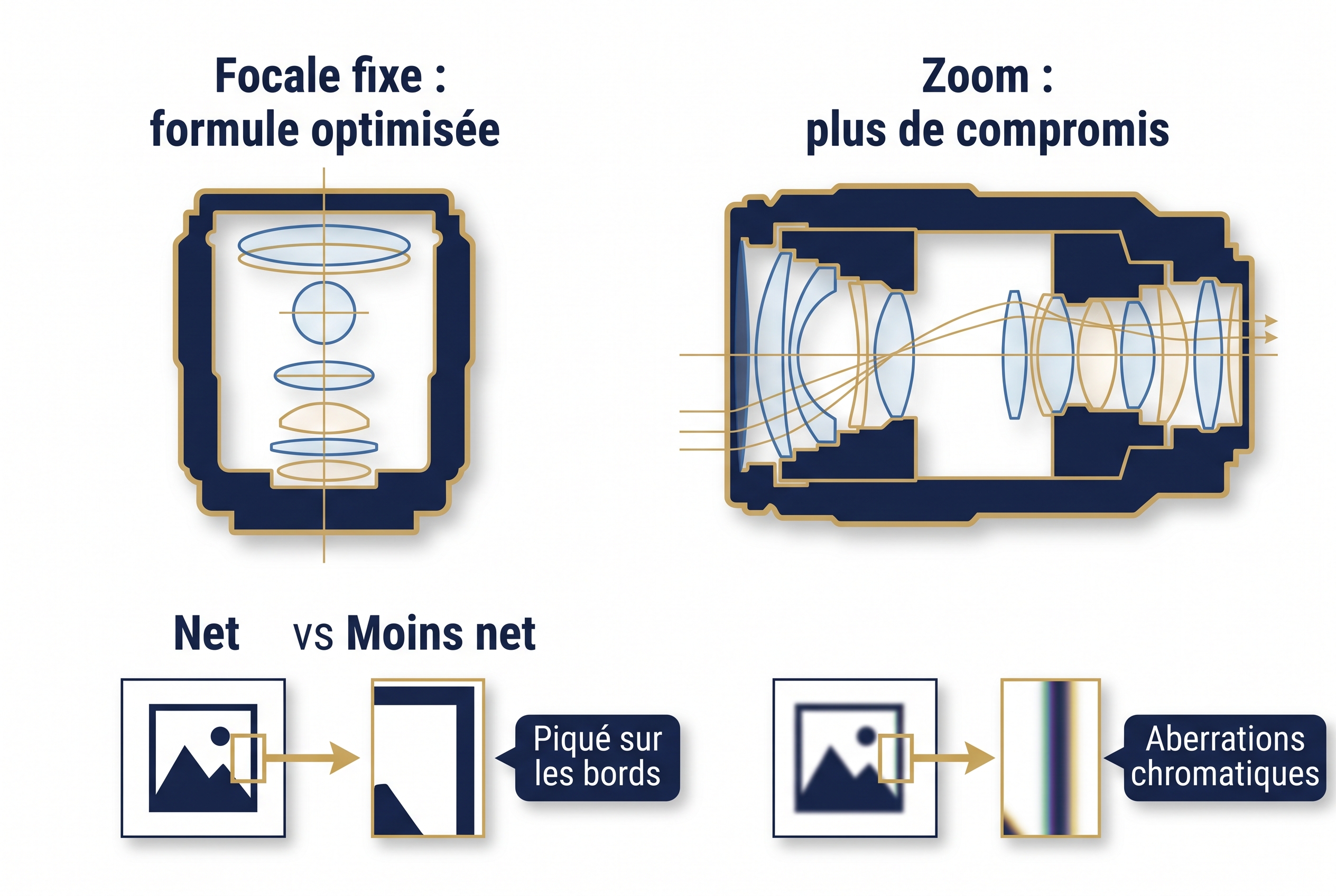 Focale fixe ou zoom : que choisir pour la photo ? 13 Schéma pédagogique comparant la construction optique interne simplifiée d'une focale fixe face à la complexité d'un objectif zoom pour la photo de nature.