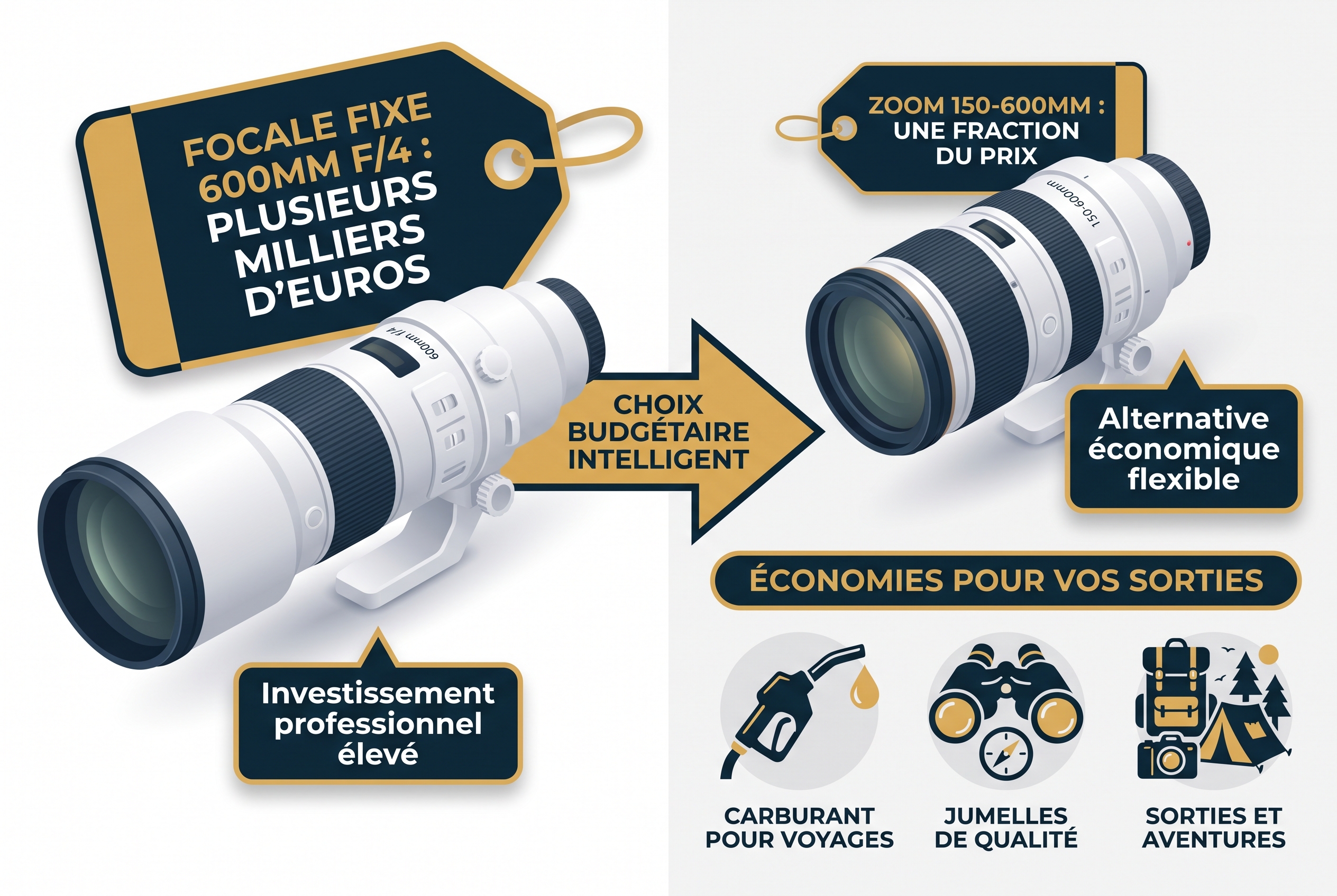 Focale fixe ou zoom : que choisir pour la photo ? 18 Infographie comparative entre le prix d'une focale fixe 600mm f/4 et un zoom 150-600mm pour la photographie animalière.