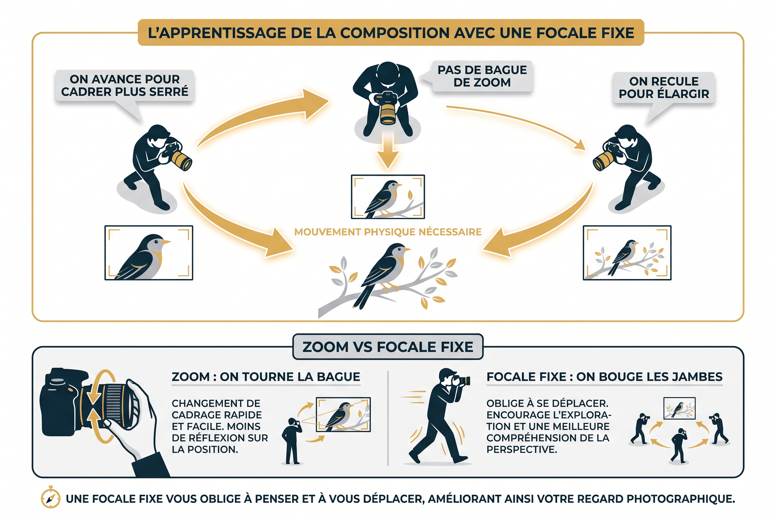 Focale fixe ou zoom : que choisir pour la photo ? 15 Illustration pédagogique montrant la différence entre focale fixe ou zoom : un photographe se déplaçant physiquement pour cadrer un oiseau sur une branche.