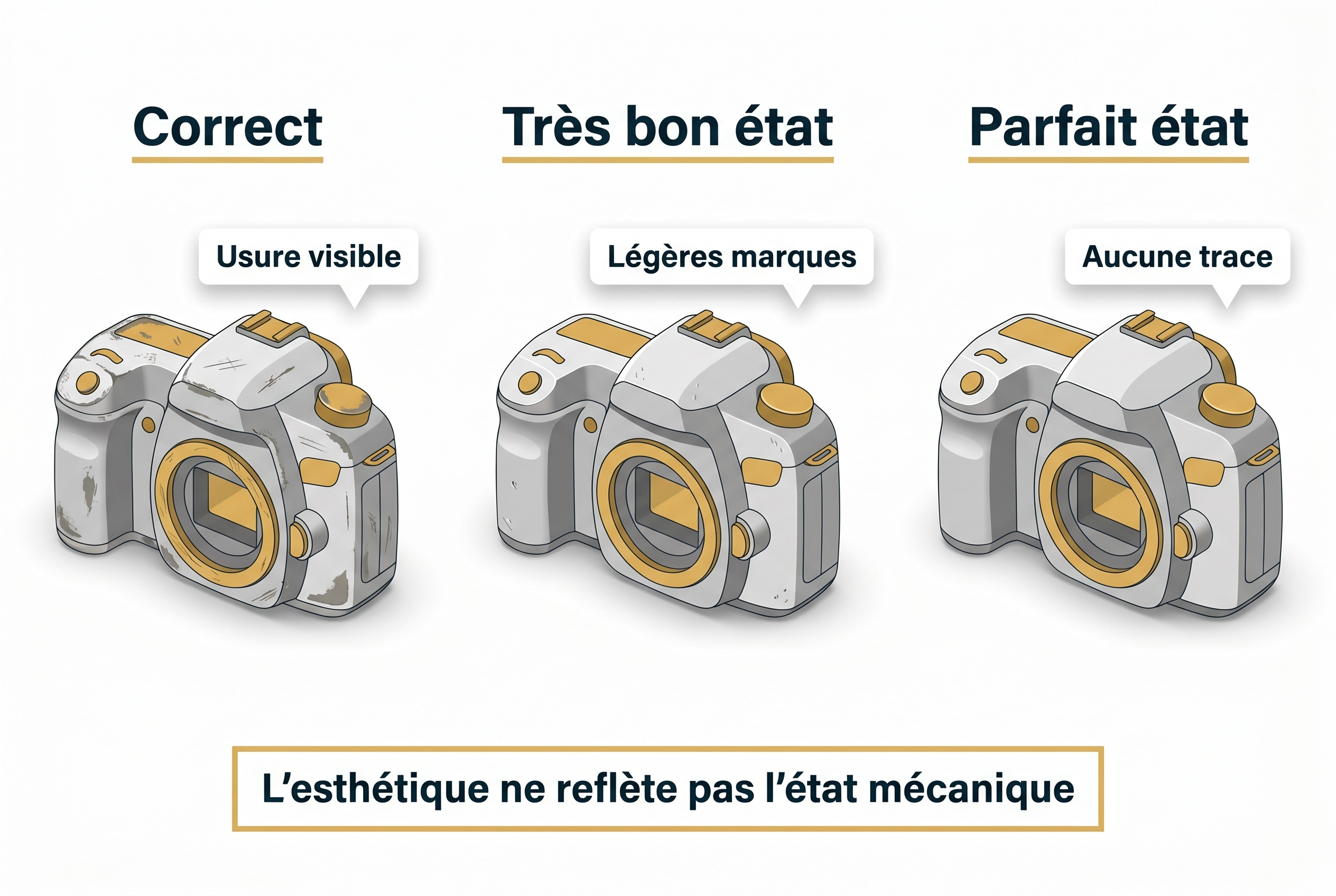 Illustration comparative des trois grades Back Market (Correct, Très bon état, Parfait état) pour l'achat de matériel photo reconditionné, montrant les niveaux d'usure esthétique.