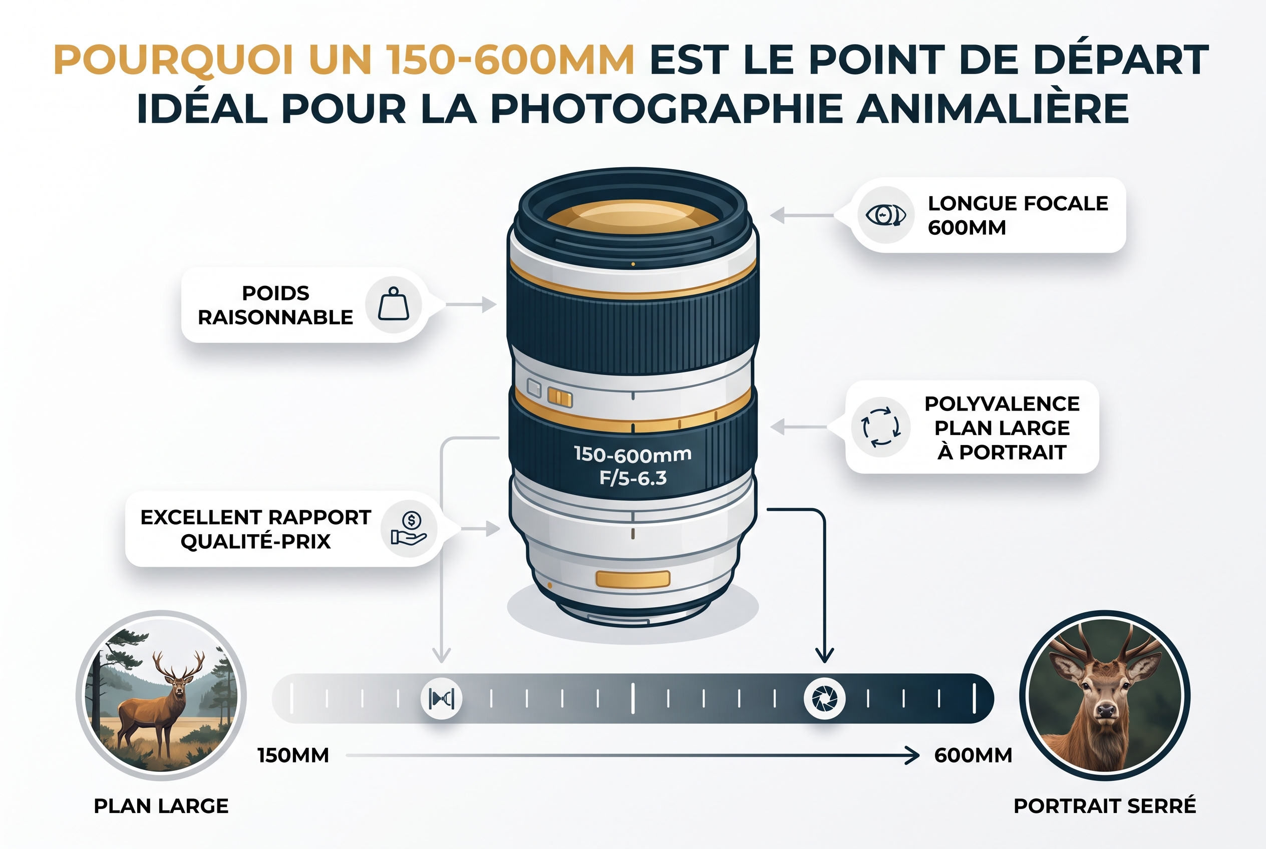 Focale fixe ou zoom : que choisir pour la photo ? 23 Illustration pédagogique comparant un objectif zoom 150-600mm et une focale fixe pour la photo de nature, montrant la polyvalence du cadrage sur un cerf.