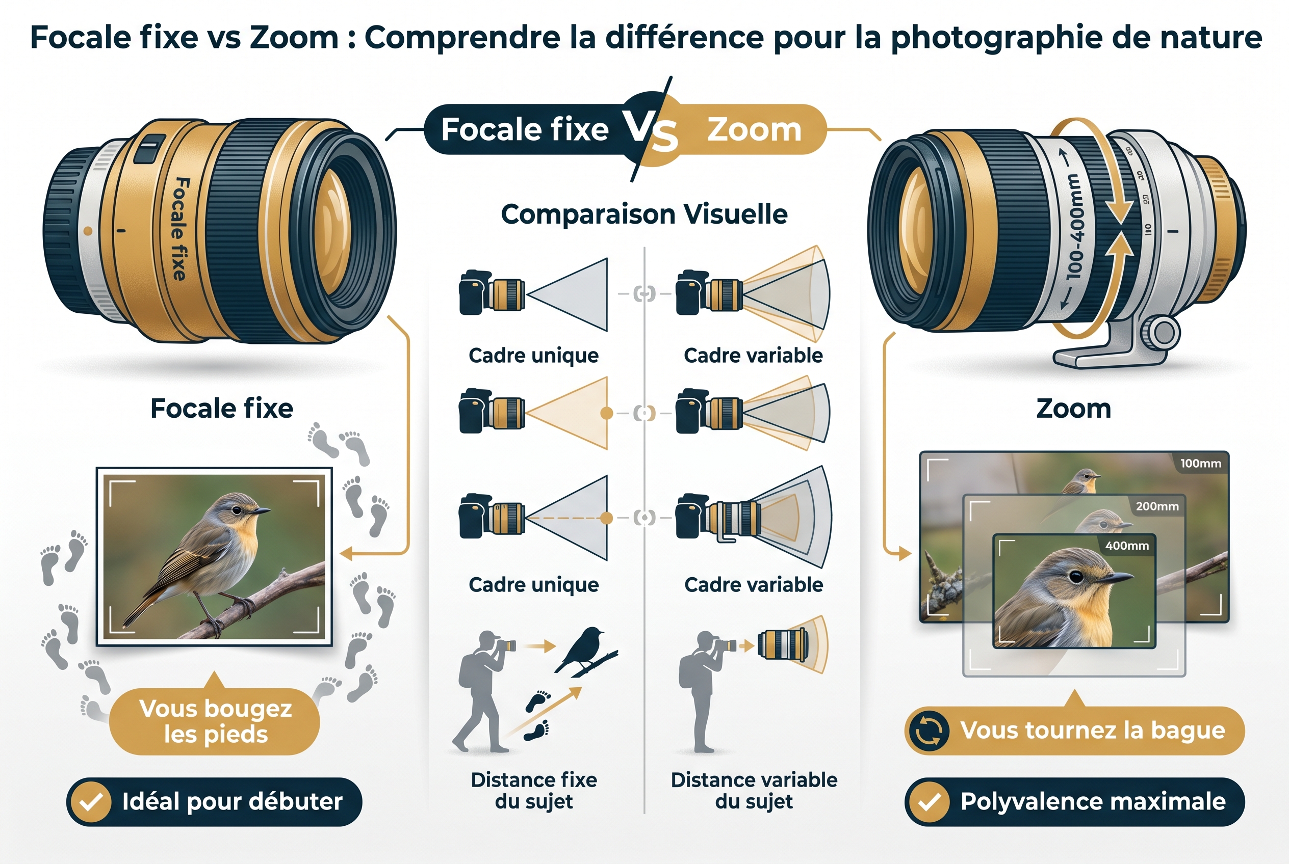 Meilleur appareil photo hybride : quel modèle choisir ? 24 Illustration pédagogique comparant un objectif à focale fixe et un zoom 100-400mm pour aider à choisir le meilleur appareil photo hybride de nature.