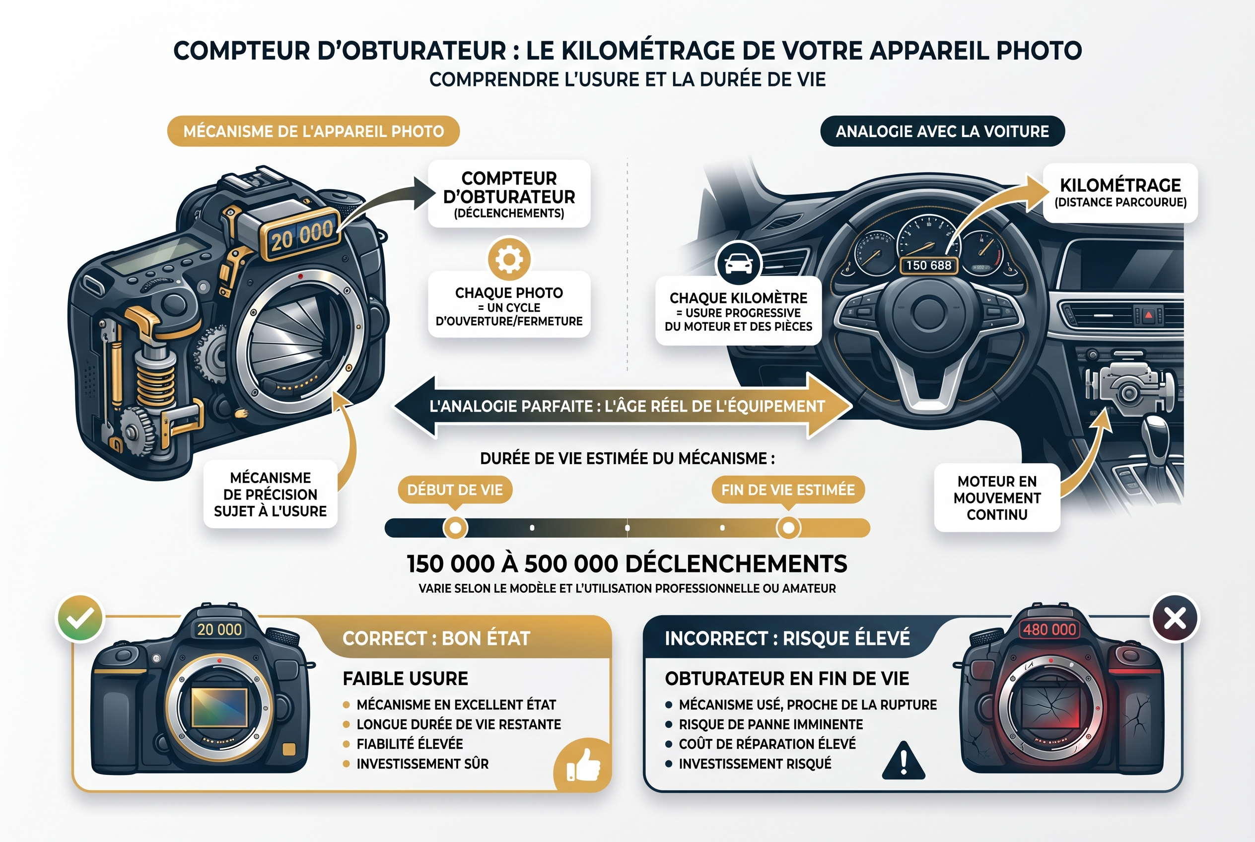 Infographie pédagogique expliquant le nombre de déclenchements d'un appareil photo d'occasion, comparant l'usure de l'obturateur au kilométrage d'une voiture pour vérifier un avis Back Market.