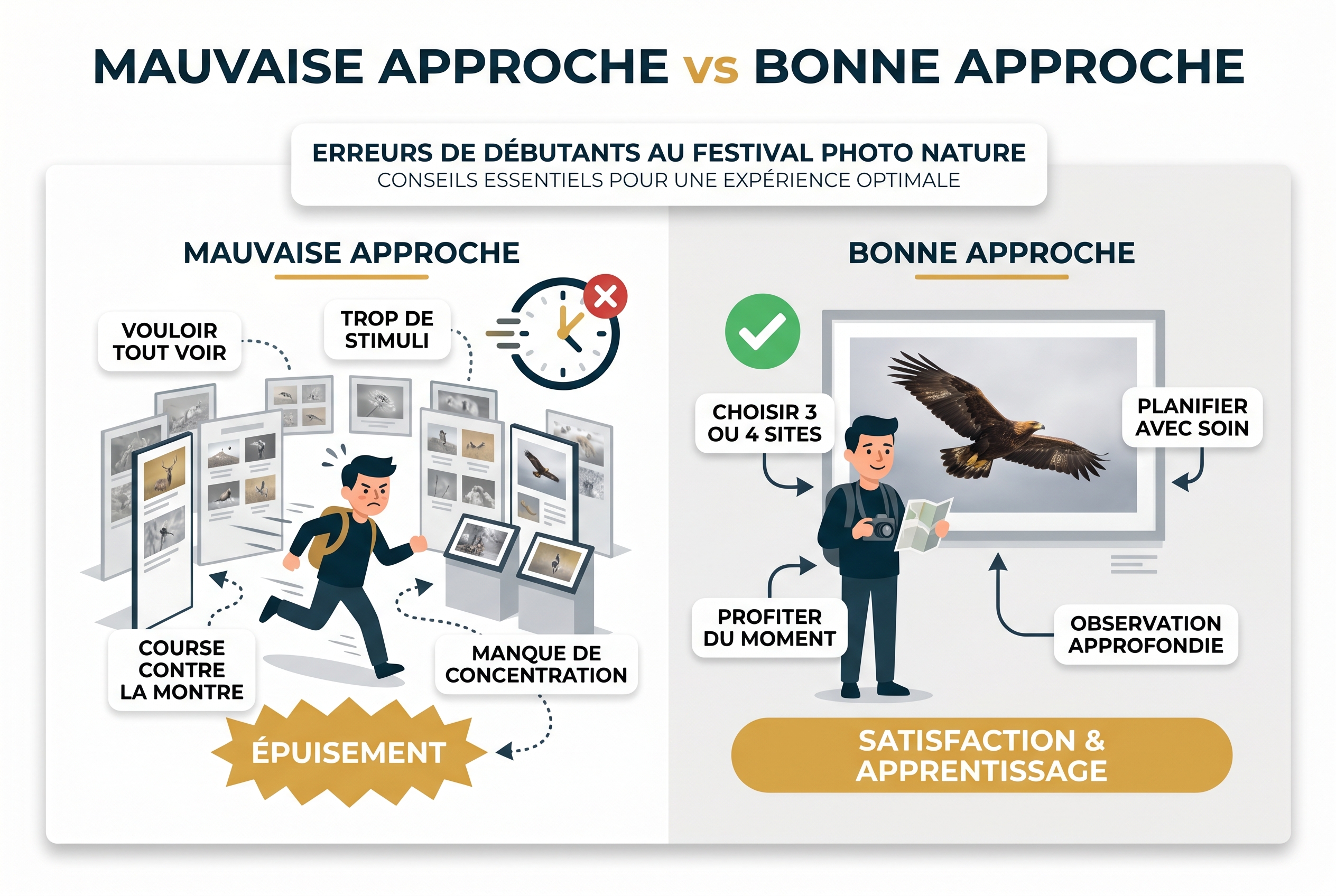 Illustration pédagogique comparant la mauvaise et la bonne approche pour visiter le festival de Montier-en-Der : privilégier 3 ou 4 sites plutôt que de vouloir tout voir pour éviter l'épuisement.