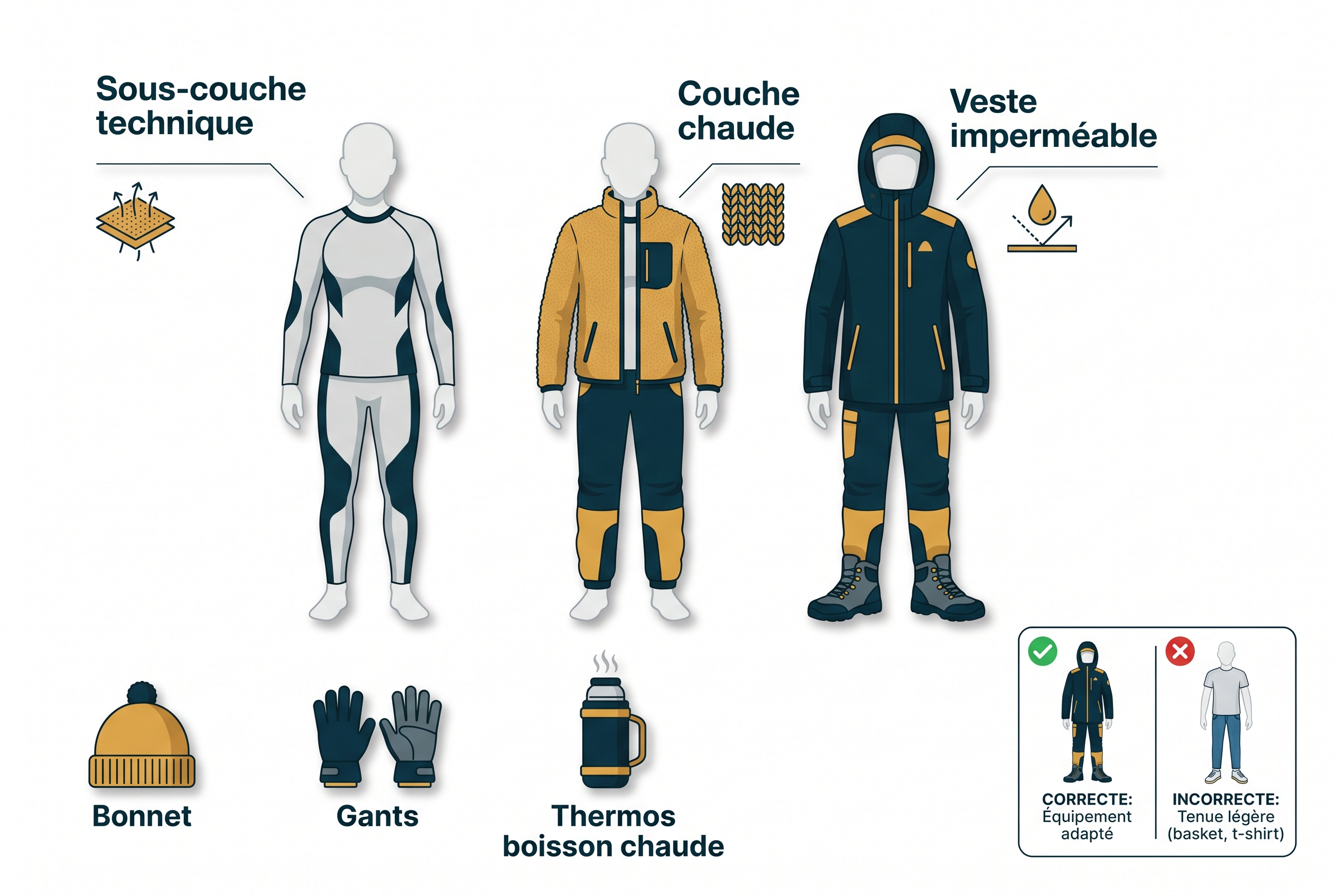 Illustration pédagogique montrant comment s'habiller pour le festival de Montier-en-Der avec la technique des 3 couches : sous-couche technique, polaire et veste imperméable.