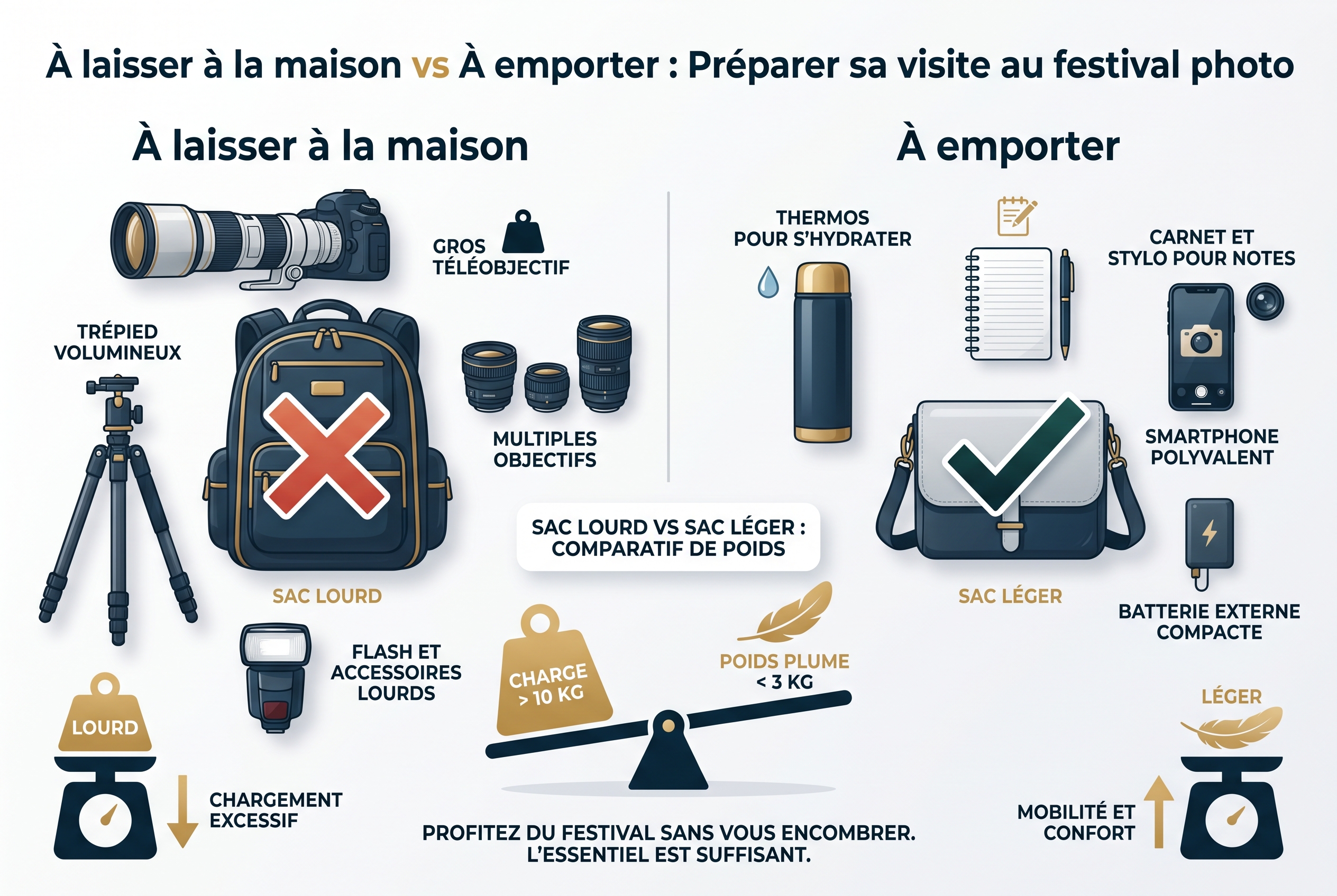 Illustration comparative montrant le matériel photo à laisser chez soi (sac lourd) versus l'essentiel à emporter (sac léger) pour visiter le festival de Montier-en-Der.