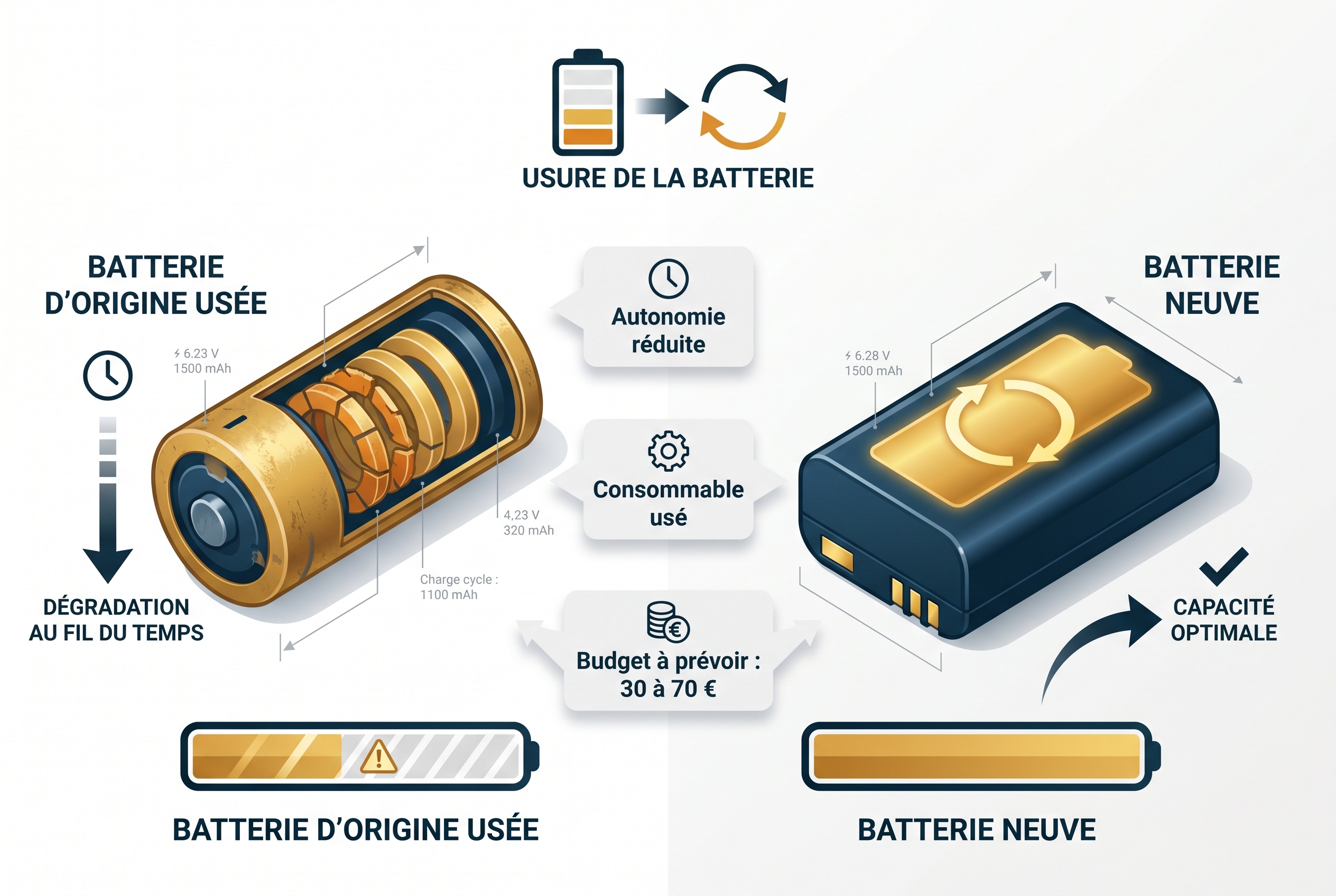 Schéma pédagogique comparant l'usure d'une batterie d'origine et une batterie neuve pour un appareil photo reconditionné acheté sur Back Market.