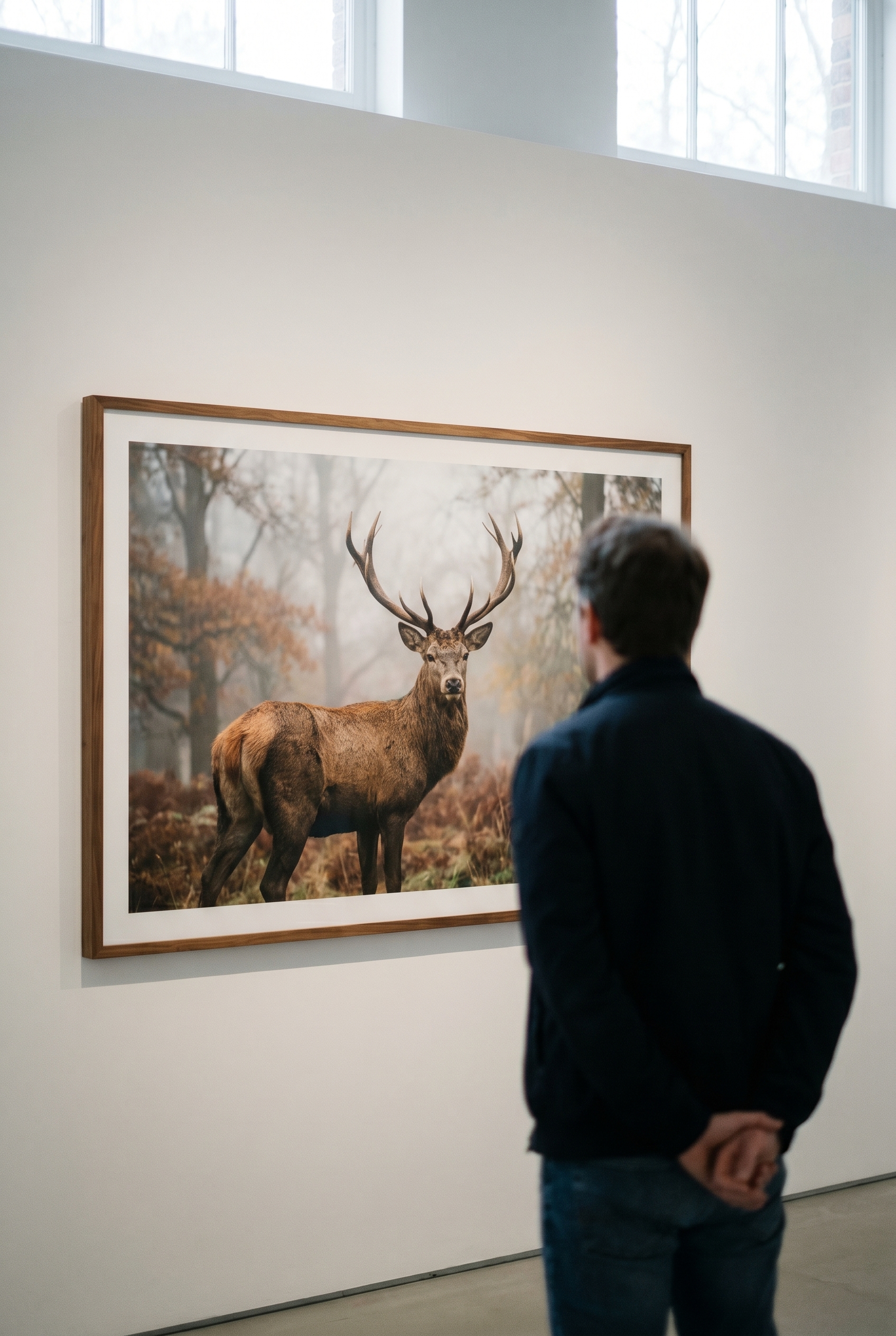 Une photographie animalière grand format d'un cerf dans la brume exposée sur un mur blanc lors du festival de Montier-en-Der.