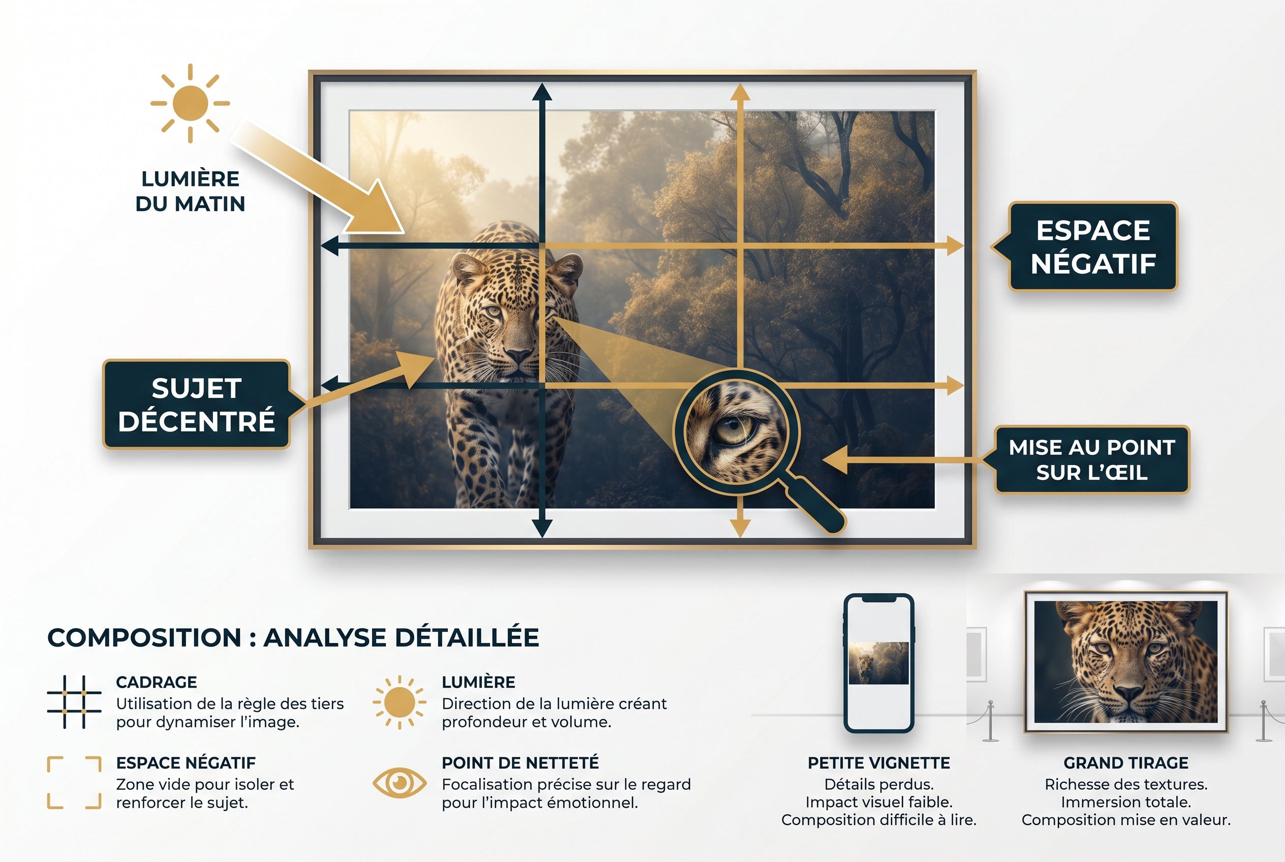 Infographie pédagogique expliquant comment analyser la composition et la lumière d'un tirage photo animalier exposé au festival de Montier-en-Der.