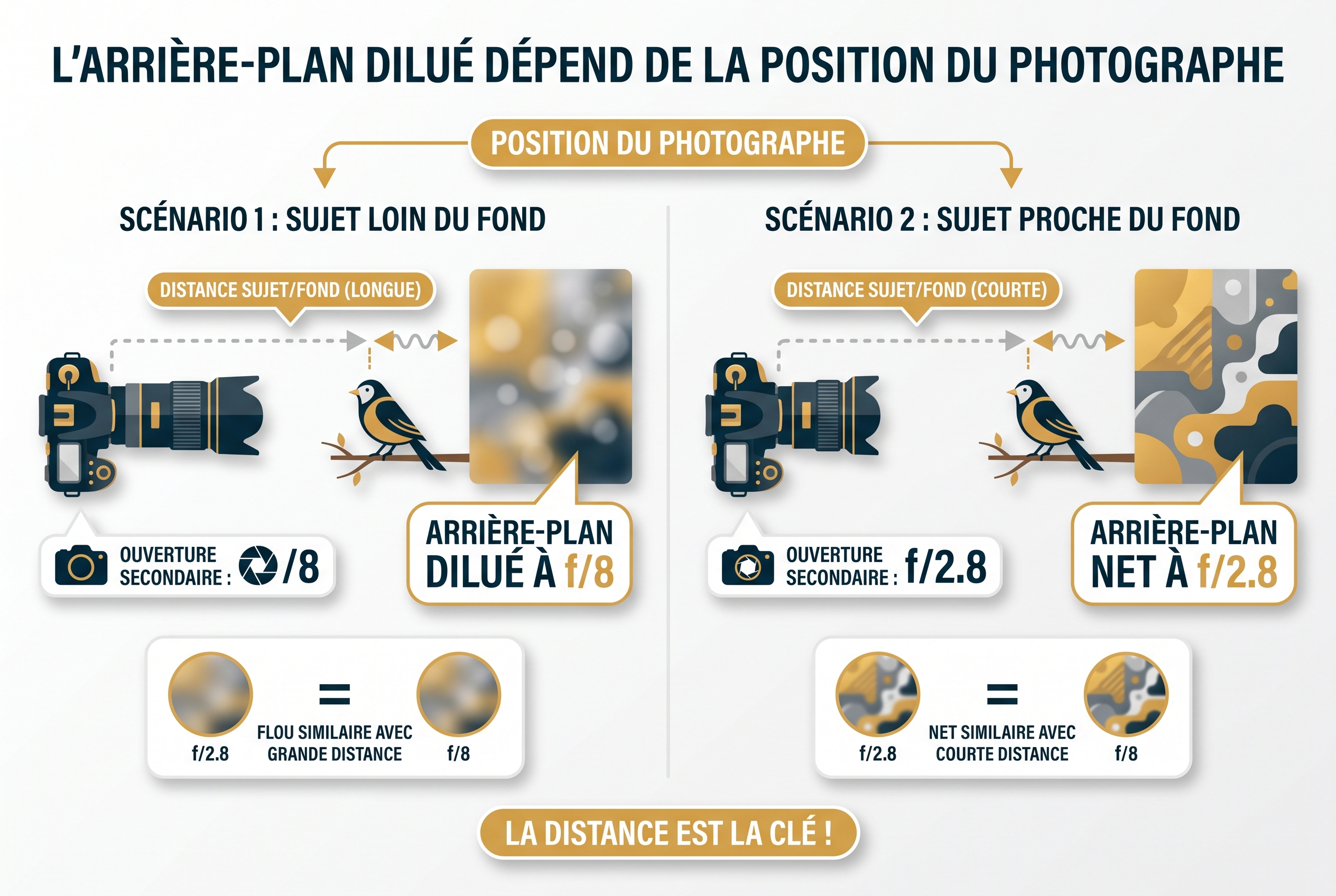 Focale fixe ou zoom : que choisir pour la photo ? 19 Schéma pédagogique comparant le flou d'arrière-plan entre une focale fixe et un zoom selon la distance du sujet et l'ouverture f/2.8 vs f/8.