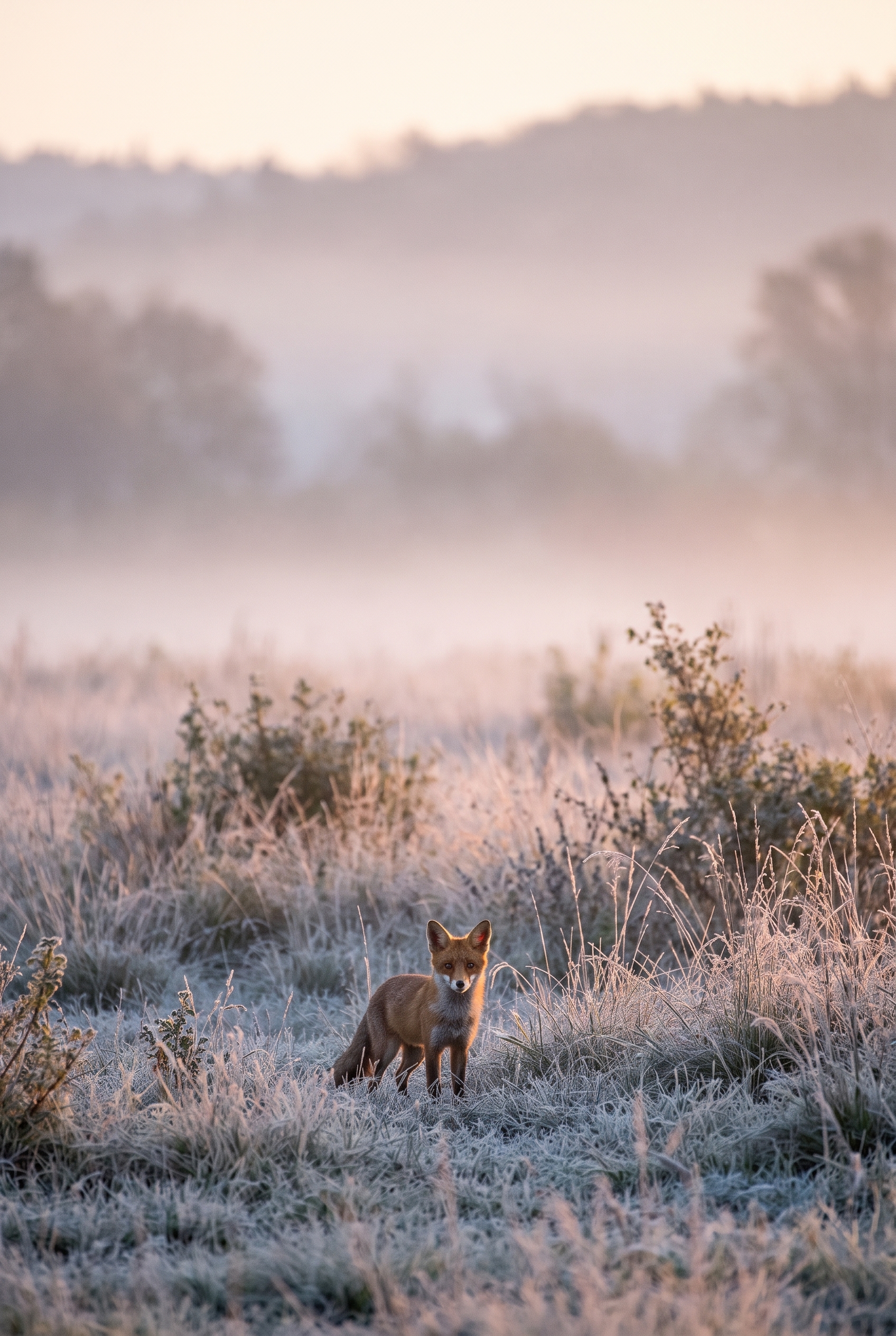 Focale fixe ou zoom : que choisir pour la photo ? 20 Un renard roux photographié de loin dans une prairie givrée au lever du soleil, illustrant le dilemme entre focale fixe ou zoom pour la photo de nature.