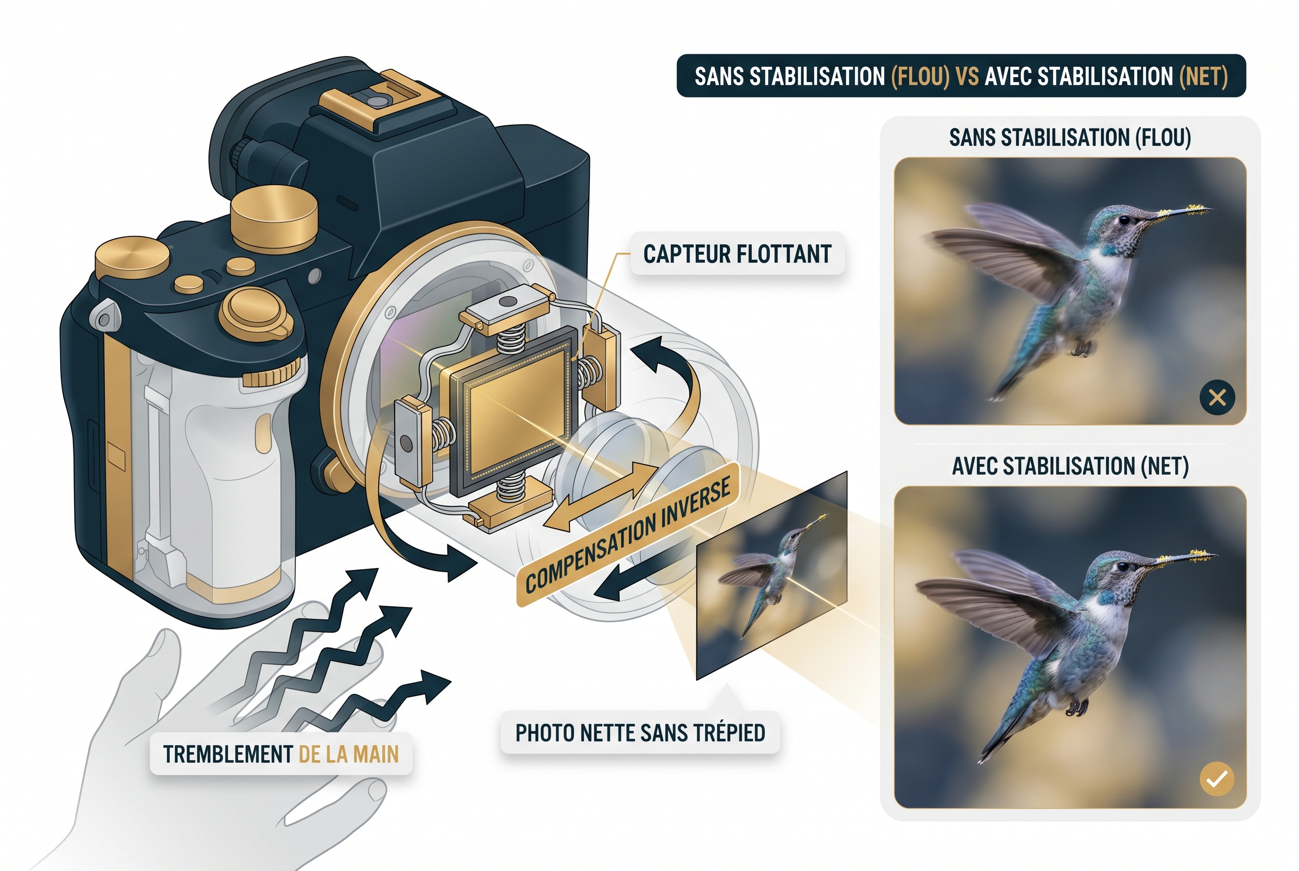 Meilleur appareil photo hybride : quel modèle choisir ? 18 Schéma pédagogique montrant le fonctionnement du capteur stabilisé (IBIS) sur le meilleur appareil photo hybride avec une comparaison avant/après sur une photo d'oiseau.