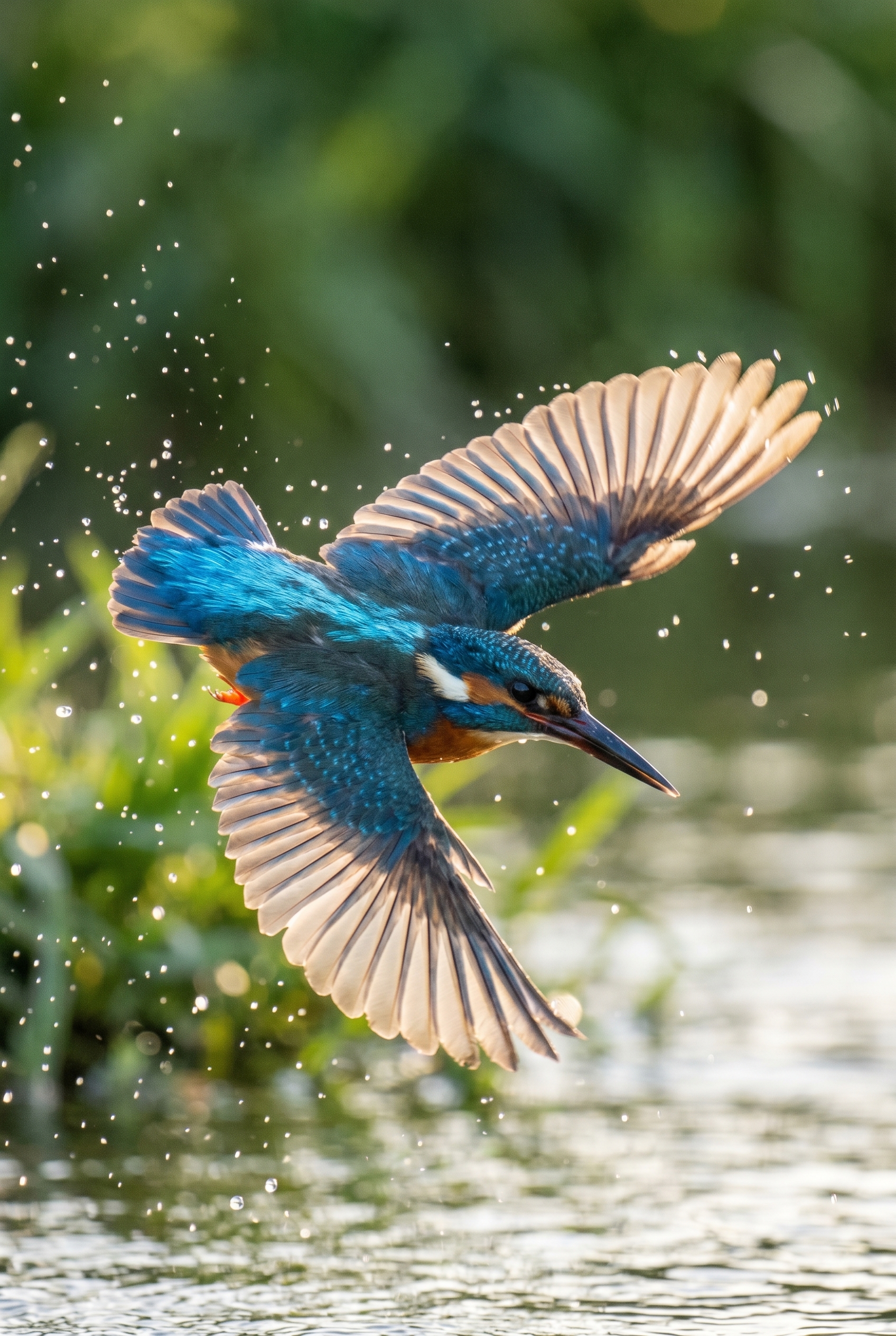 Meilleur appareil photo hybride : quel modèle choisir ? 21 Photographie haute vitesse d'un martin-pêcheur en plein vol au-dessus d'une rivière, capturée avec un appareil photo hybride Canon EOS R5.