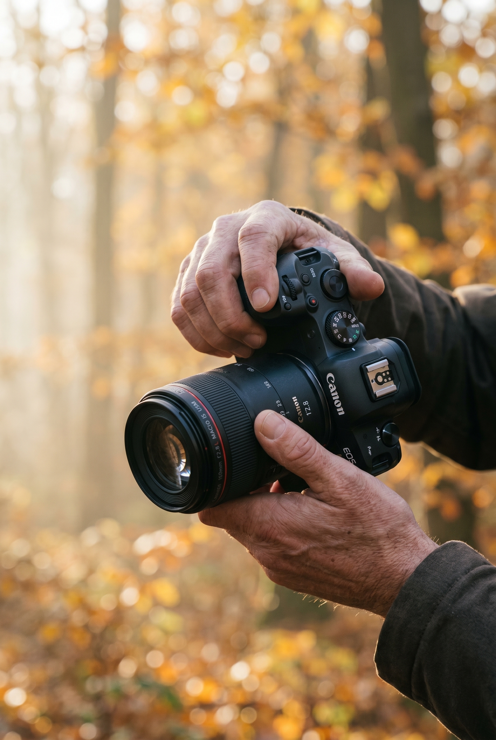 Meilleur appareil photo hybride : quel modèle choisir ? 20 Mains d'un photographe tenant le meilleur appareil photo hybride APS-C compact dans une forêt d'automne brumeuse