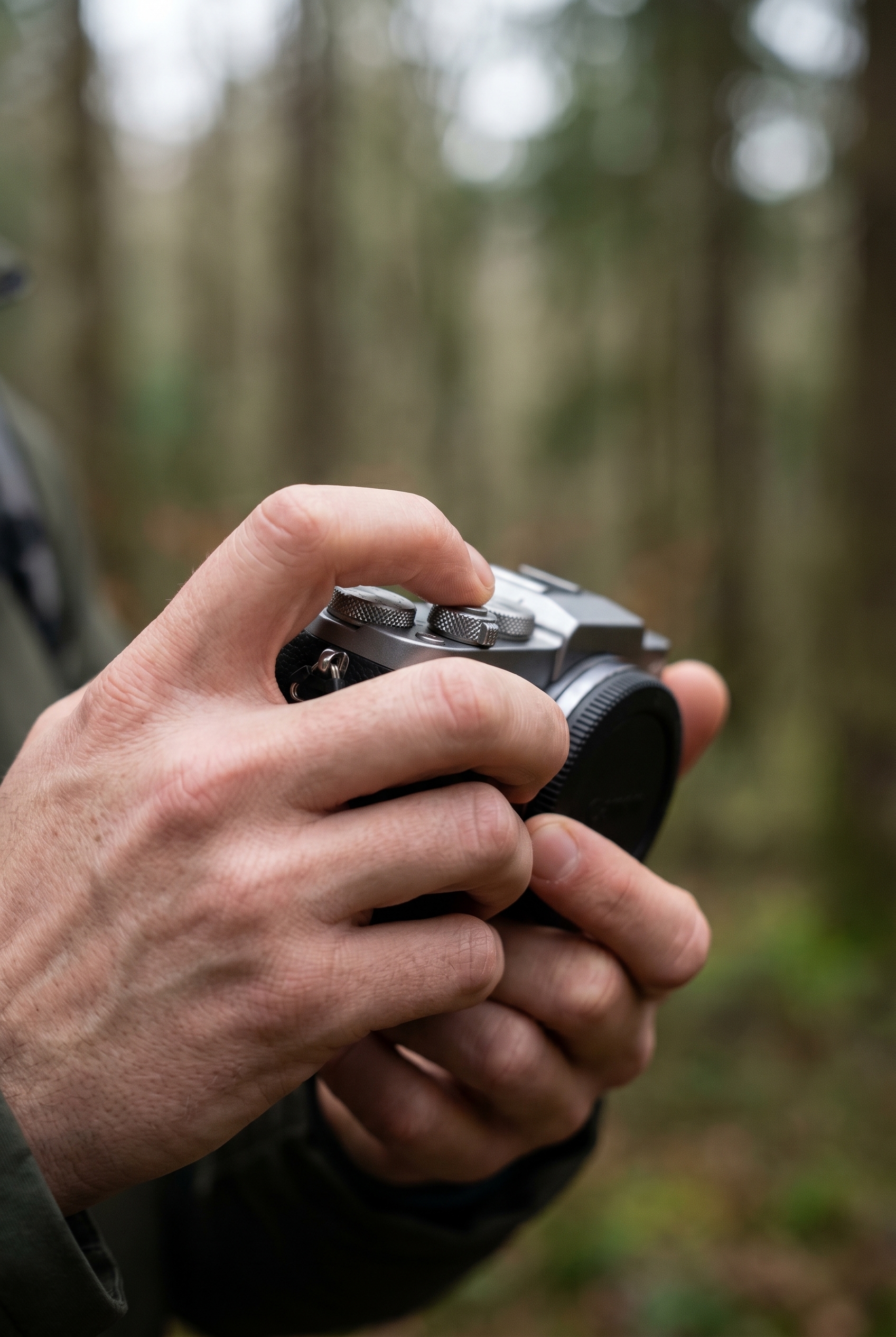 Meilleur appareil photo hybride : quel modèle choisir ? 17 Gros plan sur la prise en main du meilleur appareil photo hybride avec molettes de réglage manuelles en forêt.