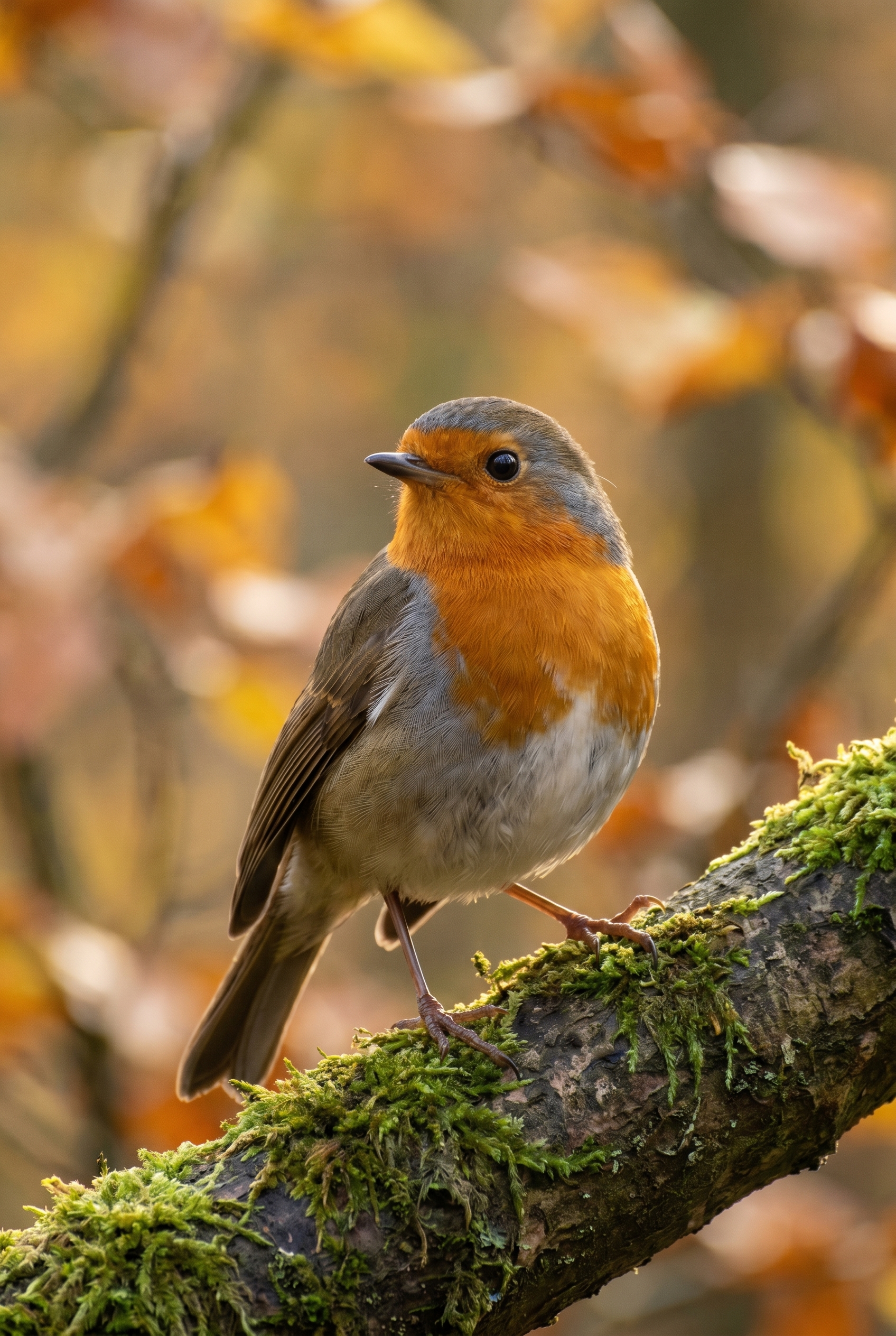 Meilleur appareil photo hybride : quel modèle choisir ? 23 Gros plan d'un rouge-gorge sur une branche moussue, illustrant la qualité d'image du meilleur appareil photo hybride pour la photo animalière.