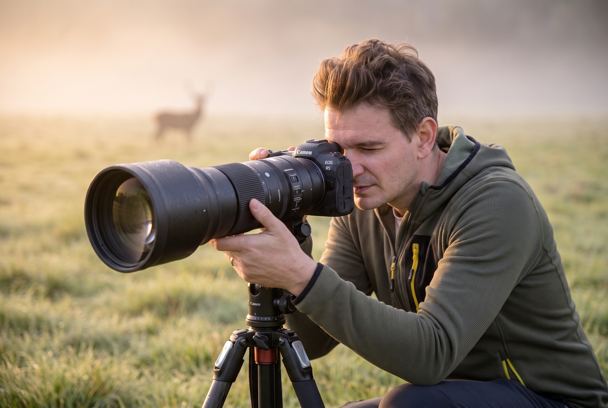 Focale fixe ou zoom : que choisir pour la photo ? 24 Photographe naturaliste à l'affût avec un téléobjectif zoom 150-600mm pour photographier un cerf à l'aube, illustrant le dilemme focale fixe ou zoom.