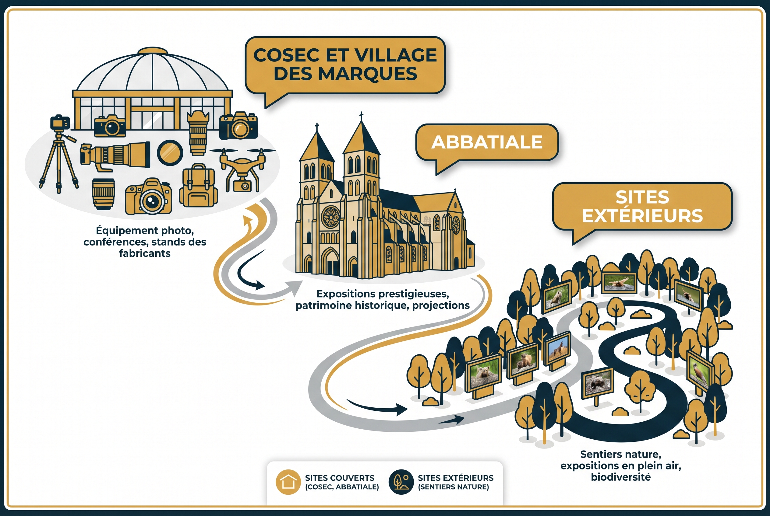 Illustration pédagogique du plan du festival de Montier-en-Der présentant les sites du COSEC, de l'Abbatiale et les expositions extérieures.
