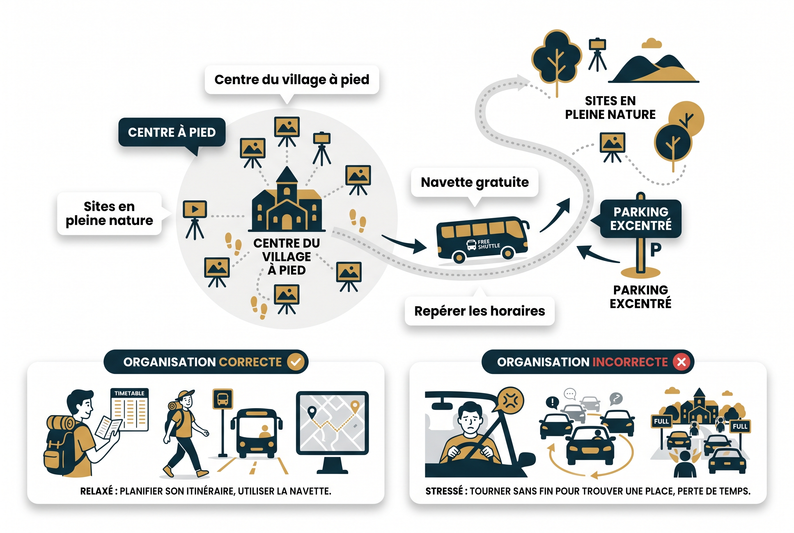 Illustration pédagogique expliquant comment organiser ses déplacements entre les sites d'exposition du festival de Montier-en-Der : navettes gratuites, parkings et zones piétonnes.