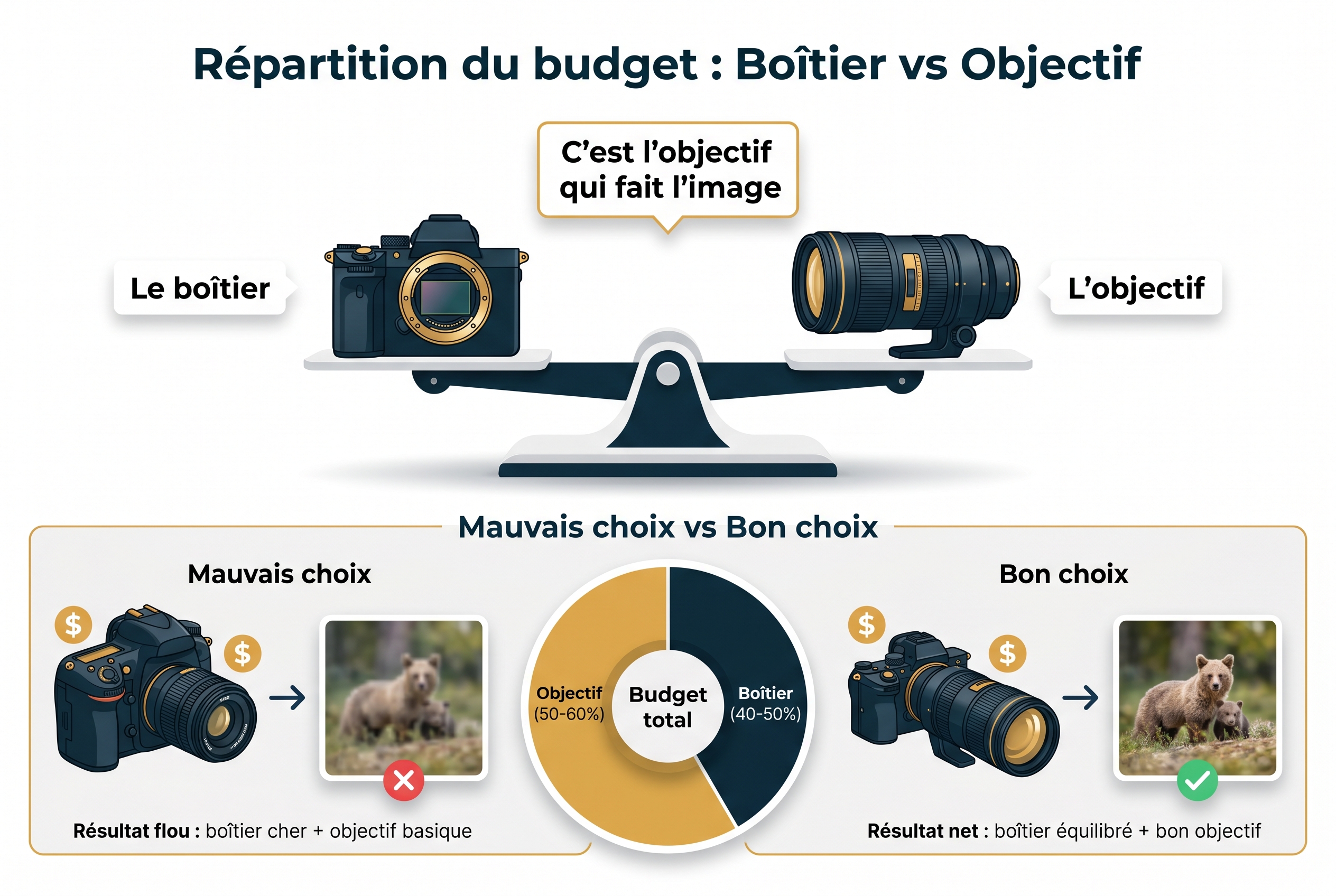 Meilleur appareil photo hybride : quel modèle choisir ? 22 Schéma pédagogique comparant le budget entre boîtier et objectif pour bien choisir son meilleur appareil photo hybride.