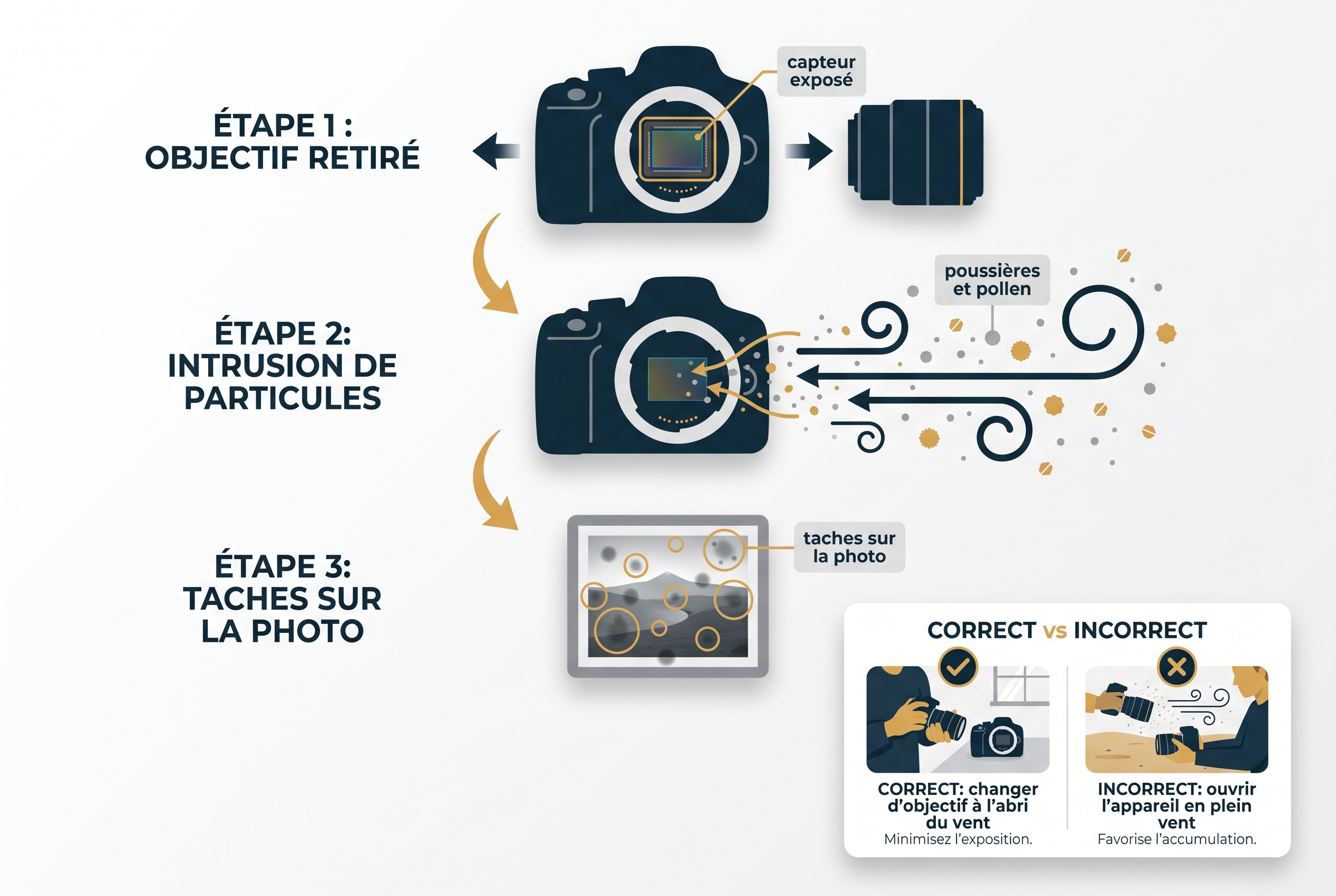 Focale fixe ou zoom : que choisir pour la photo ? 17 Illustration pédagogique montrant l'accumulation de poussières et pollen sur un capteur lors du changement entre une focale fixe ou un zoom en extérieur.